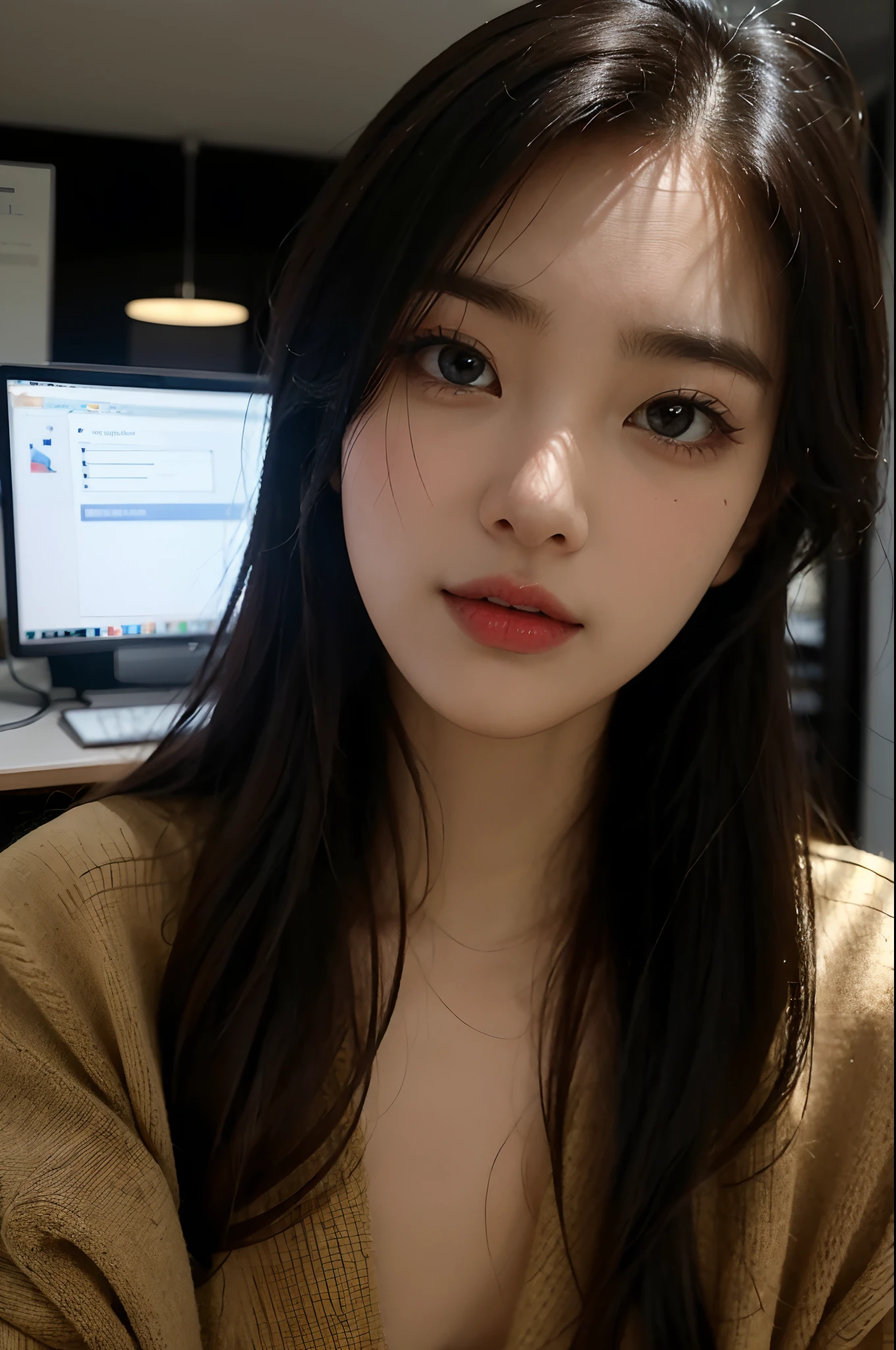 High-res, Realistic portrait of professional korean office lady with perfect skin，Professional suits，Women's suits，stand posture，The upper part of the body，Women in the workplace，Show confidence and maturity, Surrounded by a modern corporate environment, Vibrant and naturally lit highlights. The artwork should emphasize her elegant facial features, Including charming long eyes, Fluttering eyelashes and seductive lips. The scene should be enhanced with elements of professionalism and visual appeal，For example, Stylish work desk, Mainframe computers, High-resolution display, and complex stationery. The overall tone should be warm and professional, Has a soft and natural color palette. The artwork should exude a sense of professionalism, Success, and cultural pride，The background is blurred out