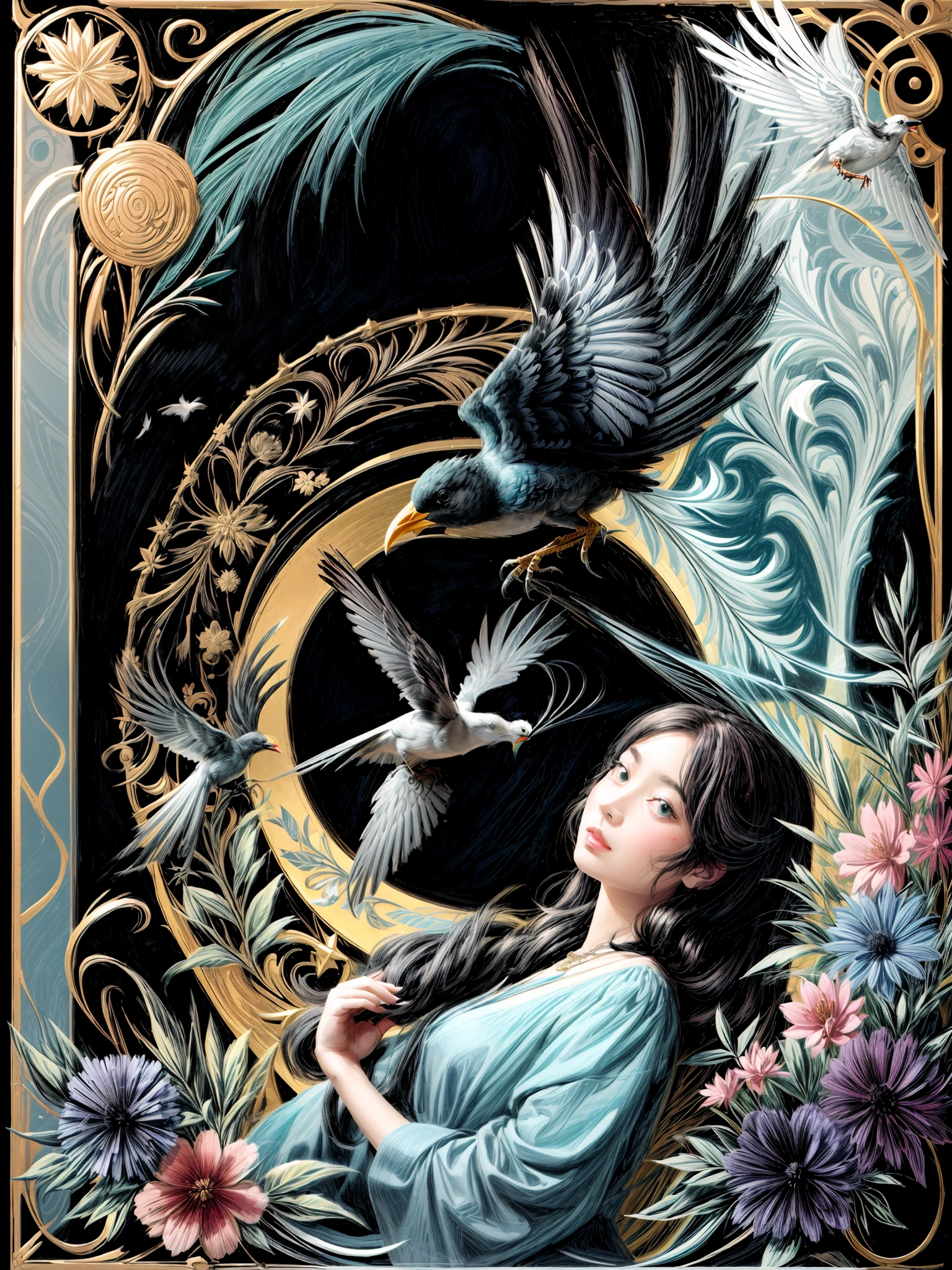 there is a drawing of a woman and a bird on a black background, imaginative, metaphysical, whimsical, anaglyph style.