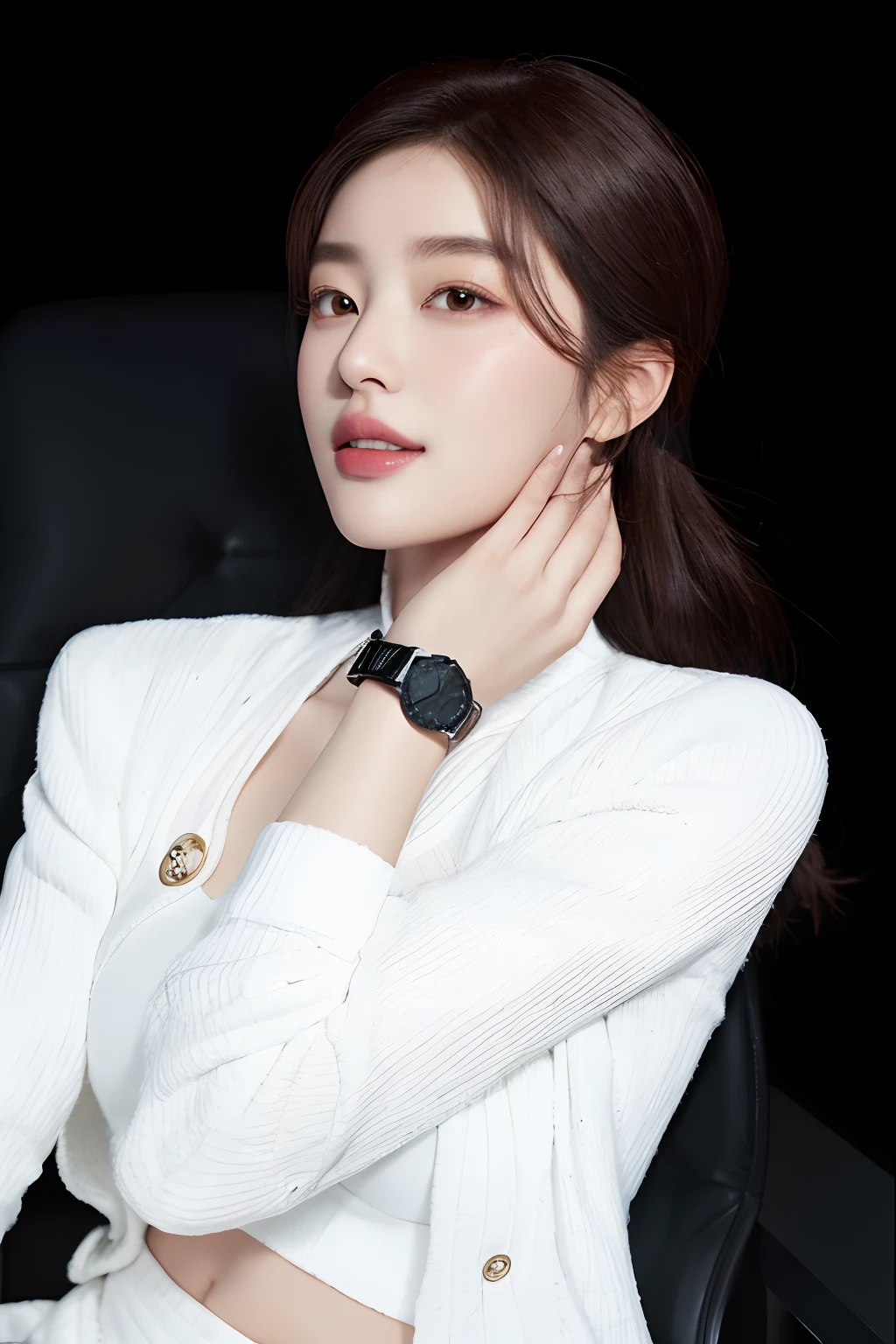 araffe woman in white sweater and black watch sitting on chair, bae suzy, korean women's fashion model, song hye - kyo, gorgeous young korean woman, beautiful south korean woman, dilraba dilmurat, beautiful young korean woman, blackpink jennie, sha xi, lee ji - eun, lee ji-eun, inspired by Ma Yuanyu, jia, Best picture quality, masterpiece, ultra high resolution, 8k, cleavage, big boobs, bust detail, hair detail, eye detail, sharp eyes, thin smile, professional lighting