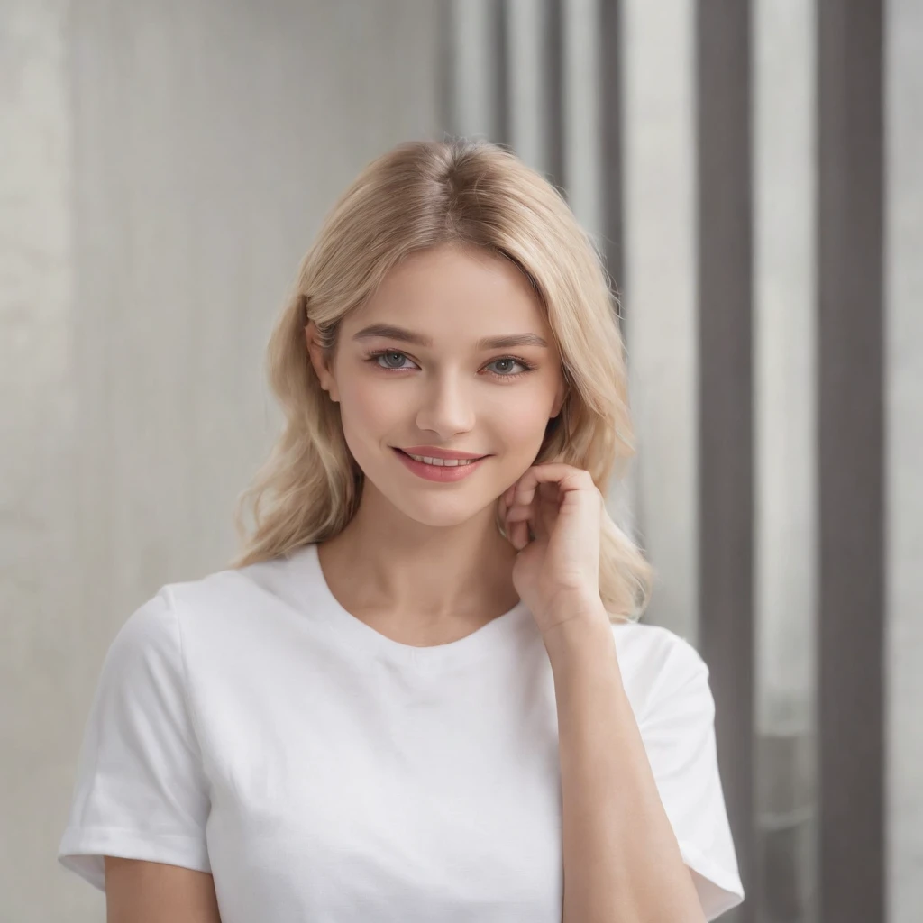 (photo: 1.3) af (realism: 1.4), (((white T-shirt))), (blond lady), super high resolution, (realism: 1.4), 1 girl, female avatar, soft light, Black hair, smile, facial focus, cheerful, young, confident, ((gray background)), (((monochrome background))), high definition, details, slightly looking up, perfect picture, movie quality, ultra high definition, Female avatar, beautiful girl, young and beautiful, exquisite face, elegant and luxurious
