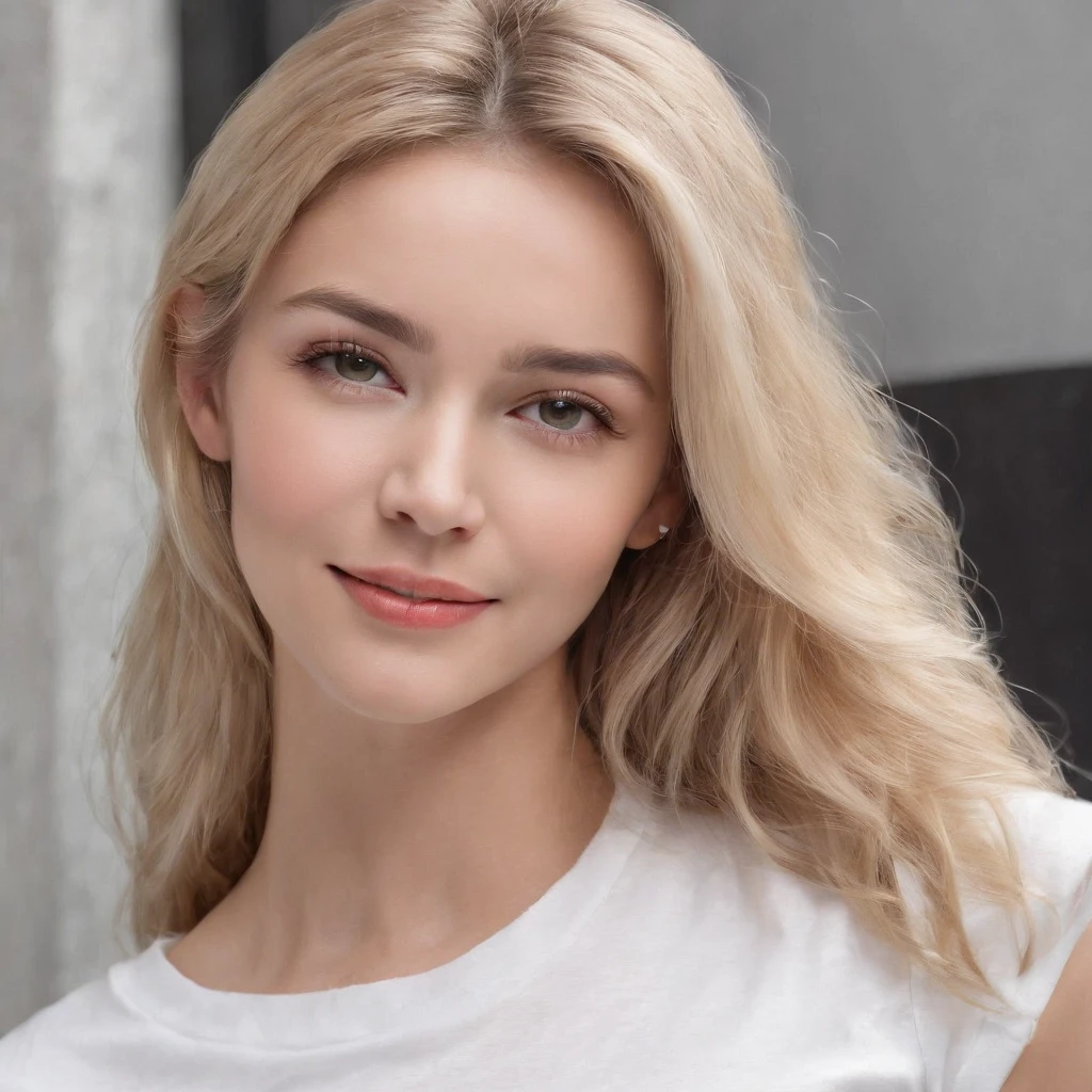 (photo: 1.3) af (realism: 1.4), (((white T-shirt))), (blond lady), super high resolution, (realism: 1.4), 1 girl, female avatar, soft light, Black hair, smile, facial focus, cheerful, young, confident, ((gray background)), (((monochrome background))), high definition, details, slightly looking up, perfect picture, movie quality, ultra high definition, Female avatar, beautiful girl, young and beautiful, exquisite face, elegant and luxurious