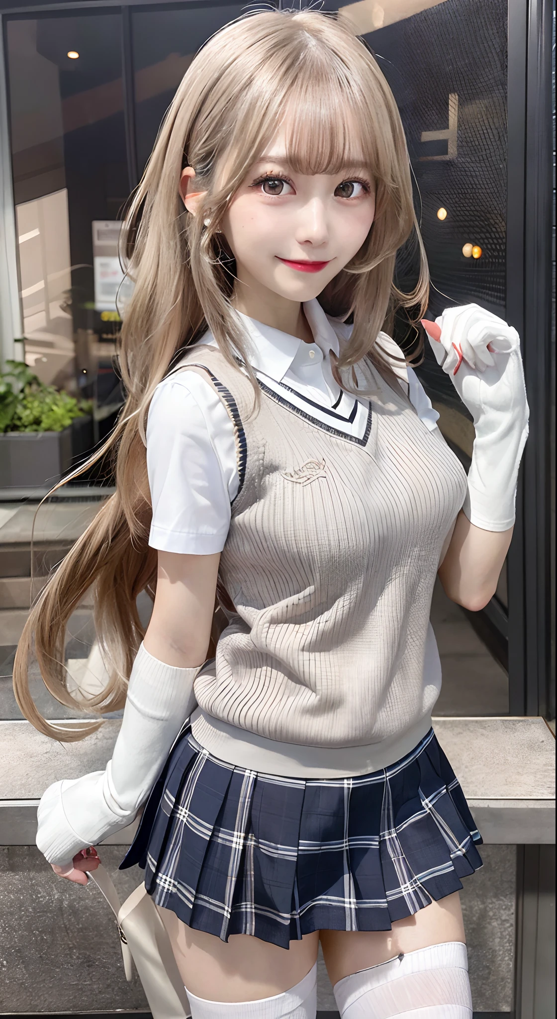 masutepiece, Best Quality, hight resolution, HMMISAKI, Long hair, symbol-shaped pupils, Large breasts, Tokiwadai School Uniform, Sweater Vest, Short sleeves, White Gloves, elbow groves, Pleated skirt, white thighhig, Cowboy Shot, Smile, ,girl