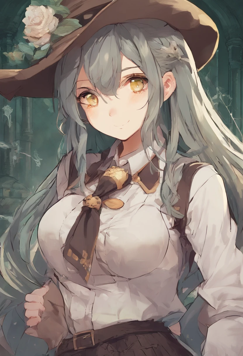 (hight resolution, Best Quality:1.2), brilliance, soft contour, a beautiful painting, Cowboy Shot, (masutepiece), 1girl in, Beautiful Girl, Hogwarts Background, Background of the magical world, Background inside the mansion, Shadow Window, Hogwarts Background, Black background, hogwarts school uniform, hogsks, Slytherin, Gray hair in a ponytail, Yellow eyes, Angry look, School Dress, Long skirt, Green tie, cool lady