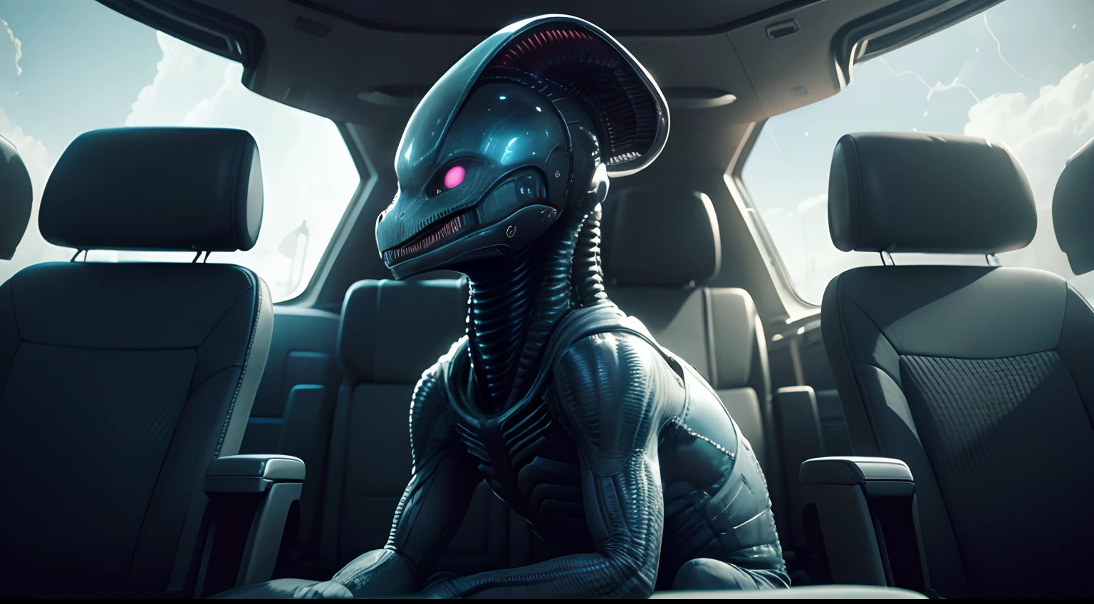 <lora:FemAlien:0.8> alien, dog relaxing in a armchair, black, orange, pink, green, science fiction, femalien,
highly detailed, cinematic, city background,