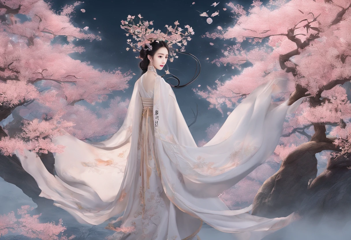 tmasterpiece，超高分辨率，Photorealistic photos，the night，Full body portrait of a Chinese fairy，Delicate face，Delicate hair accessories，Barefoot，Float in the air，Look up at the perspective，Huge palace，The Milky Way and the Giant Moon，Gauze skirt Hanfu，an osmanthus tree，Osmanthus flutters，