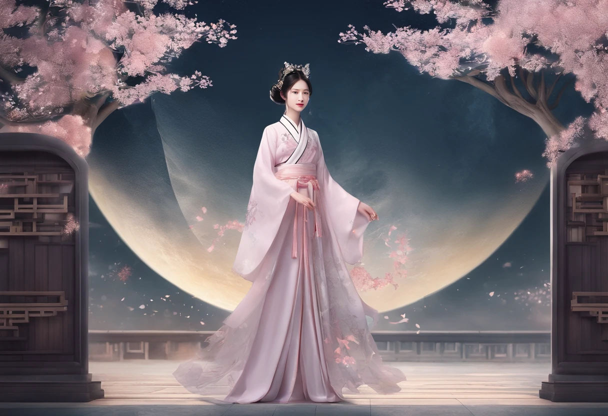 tmasterpiece，超高分辨率，Photorealistic photos，the night，Full body portrait of a Chinese fairy，Delicate face，Delicate hair accessories，Barefoot，Float in the air，Look up at the perspective，Huge palace，The Milky Way and the Giant Moon，Gauze skirt Hanfu，an osmanthus tree，Osmanthus flutters，
