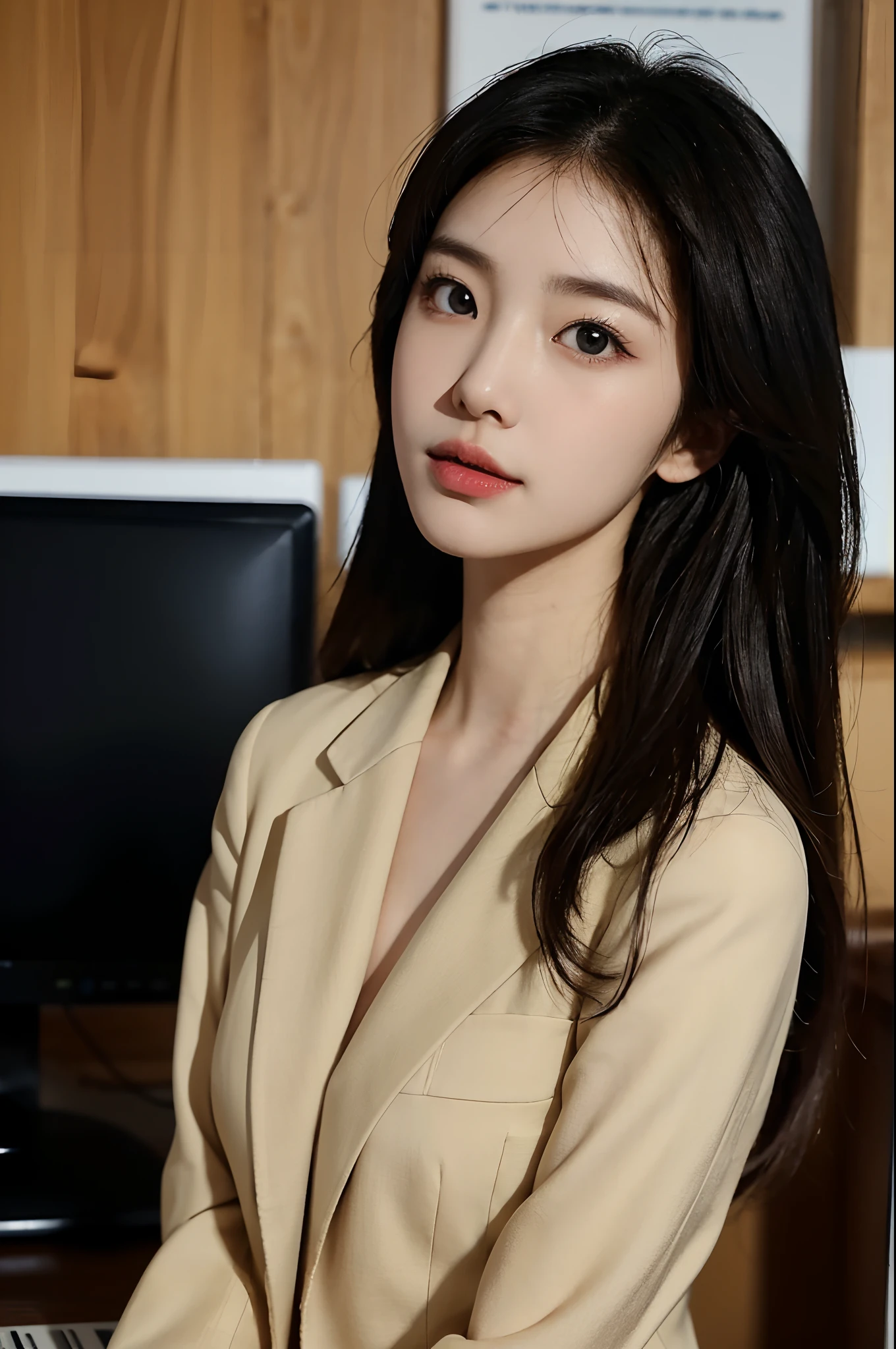 High-res, Realistic portrait of professional korean office lady with perfect skin,Professional suits,Women's suits,stand posture,The upper part of the body,Women in the workplace,Show confidence and maturity, Surrounded by a modern corporate environment, Vibrant and naturally lit highlights. The artwork should emphasize her elegant facial features, Including charming long eyes, Fluttering eyelashes and seductive lips. The scene should be enhanced with elements of professionalism and visual appeal,For example, Stylish work desk, Mainframe computers, High-resolution display, and complex stationery. The overall tone should be warm and professional, Has a soft and natural color palette. The artwork should exude a sense of professionalism, Success, and cultural pride,The background is blurred out