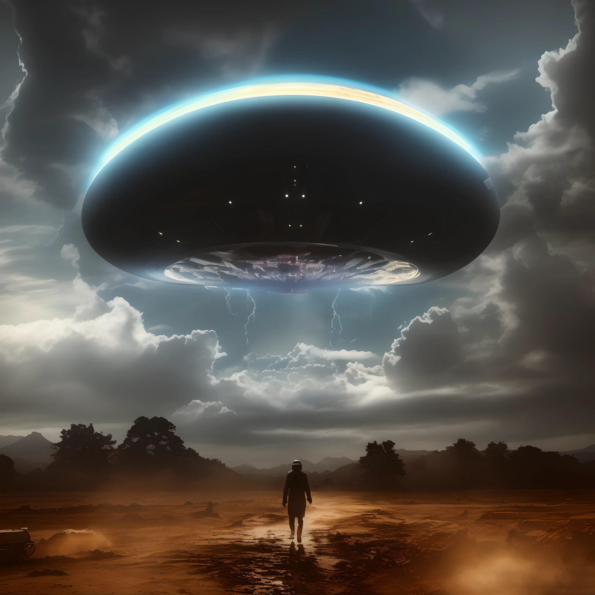 there is a man walking on a dirt road towards a large object, depicted as a scifi scene, dramatic sci-fi movie still, ufo landing, ufology, ufo attack, ufo abduction, alien mothership in the sky, sci-fi cinematic movie still, ancient alien portal, sci - fi film still, alien abduction, an epic scifi movie still