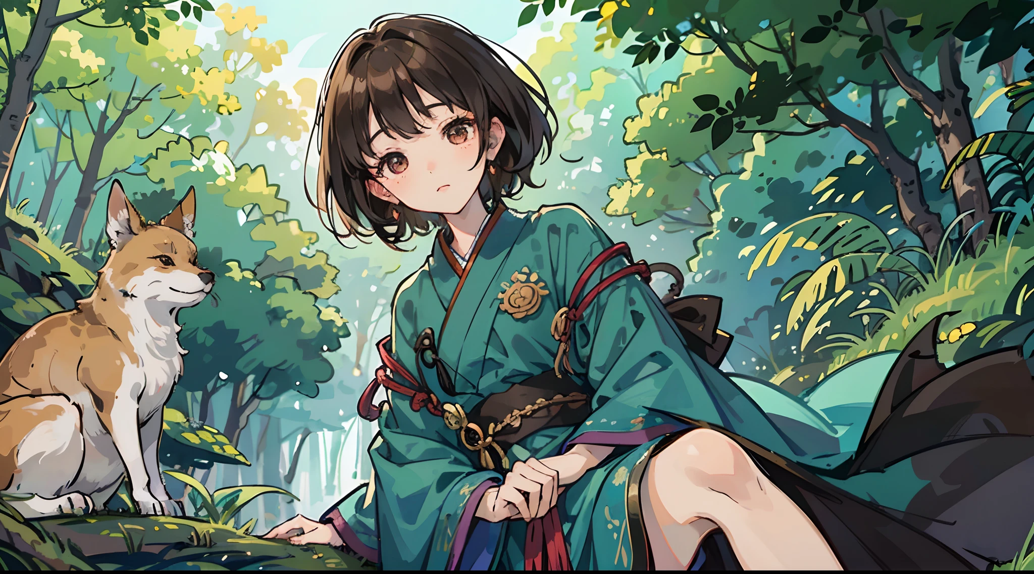 Meet Yumi, a spirited, brown hair,
wide-eyed girl, in the heart of the lush forest. Show her talking to a wise old turtle named Kame and a playful fox named Kitsune. Convey Yumi's wide-eyed wonder and the beauty of her deep connection with nature.
with a heart full of curiosity. Yumi is known for her love of nature and her unyielding spirit. She spends her days exploring the forest, talking to the animals, and befriending the elderly. Her closest companions are a wise old turtle named Kame and a playful fox named Kitsune. Together, they share stories and secrets of the village.