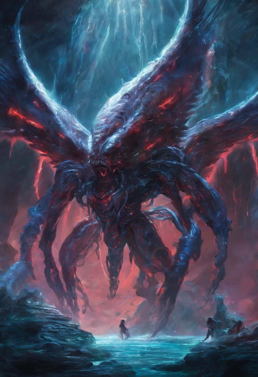 paladin,Walking on water,See a large alien creature,(Translucent water sprite,It grows a pair of wings),Fly out of the sea,Splashes,Ambient blue lighting, There are plants, Rich color,light effects,Film Effect,tmasterpiece,The sky comes in a variety of colors