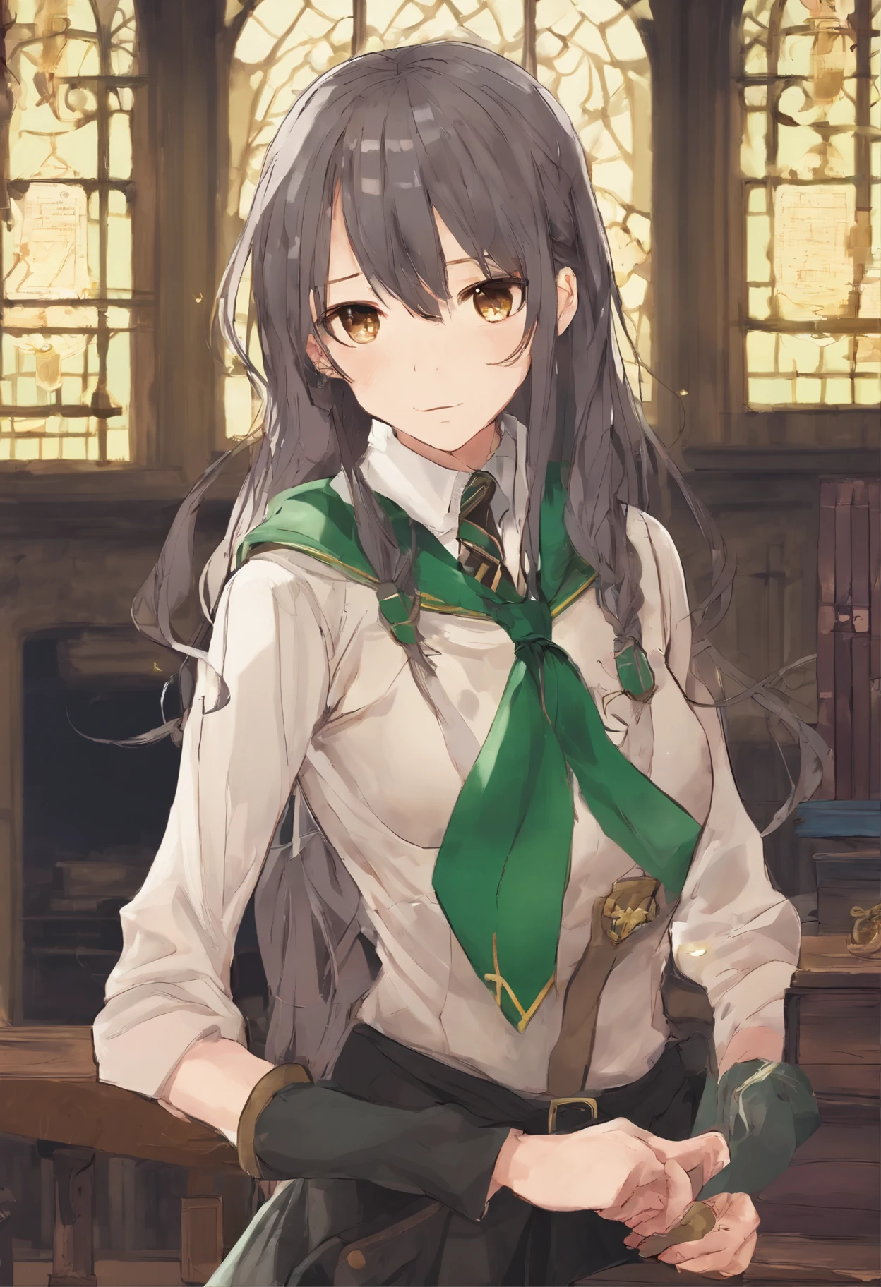 (hight resolution, Best Quality:1.2), brilliance, soft contour, a beautiful painting, Cowboy Shot, (masutepiece), 1girl in, Beautiful Girl, Hogwarts Background, Background of the magical world, Background inside the mansion, Shadow Window, Hogwarts Background, Black background, hogwarts school uniform, hogsks, Slytherin, Gray hair in a ponytail, Yellow eyes, Angry look, School Dress, Long skirt, Green tie, cool lady