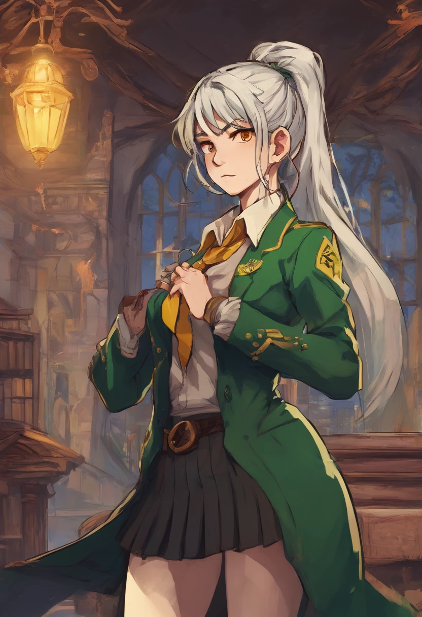 (hight resolution, Best Quality:1.2), brilliance, soft contour, a beautiful painting, Cowboy Shot, (masutepiece), 1girl in, Beautiful Girl, Hogwarts Background, Background of the magical world, Background inside the mansion, Shadow Window, Hogwarts Background, Black background, hogwarts school uniform, hogsks, Slytherin, Gray hair in a ponytail, Yellow eyes, Angry look, School Dress, Long skirt, Green tie, cool lady