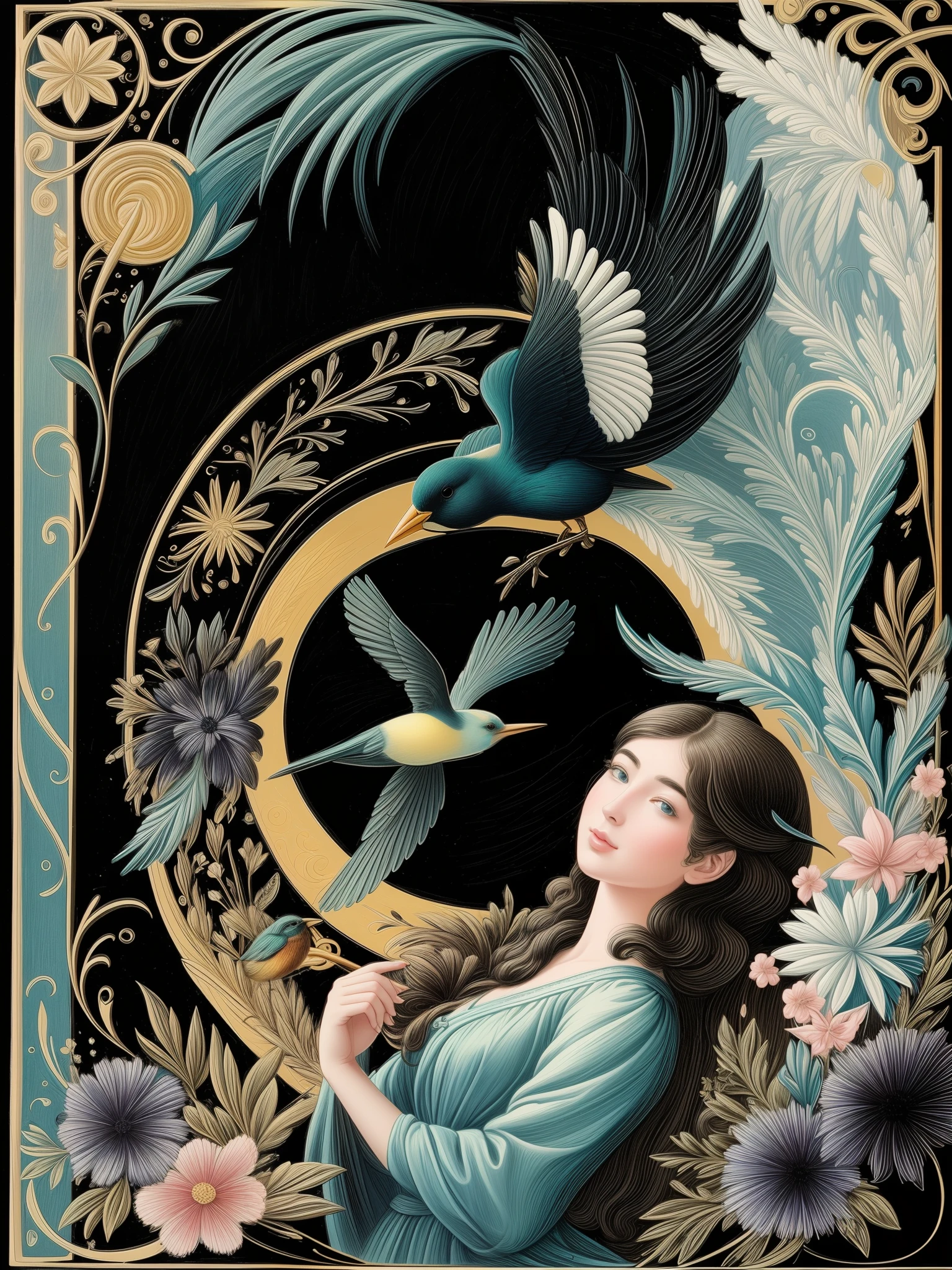 there is a drawing of a woman and a bird on a black background, imaginative, metaphysical, whimsical, anaglyph style.