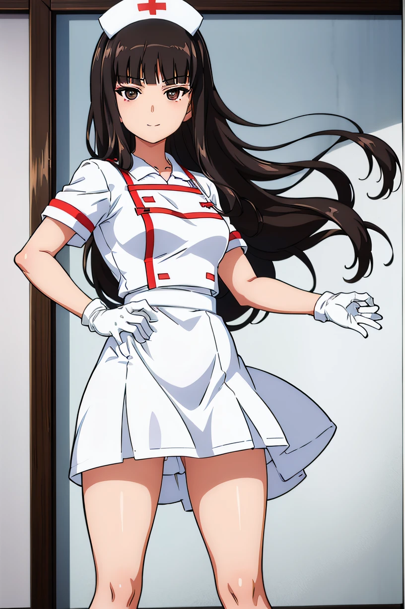 nishizumi shiho, alternate costume, long hair, black hair, blunt bangs, solo, nurse, ((white nurse cap, white nurse's outfit)), ((white legwear, zettai ryouiki)), white gloves, smile, standing, hospital room, sharp outline, short sleeves, best quality, masterpiece