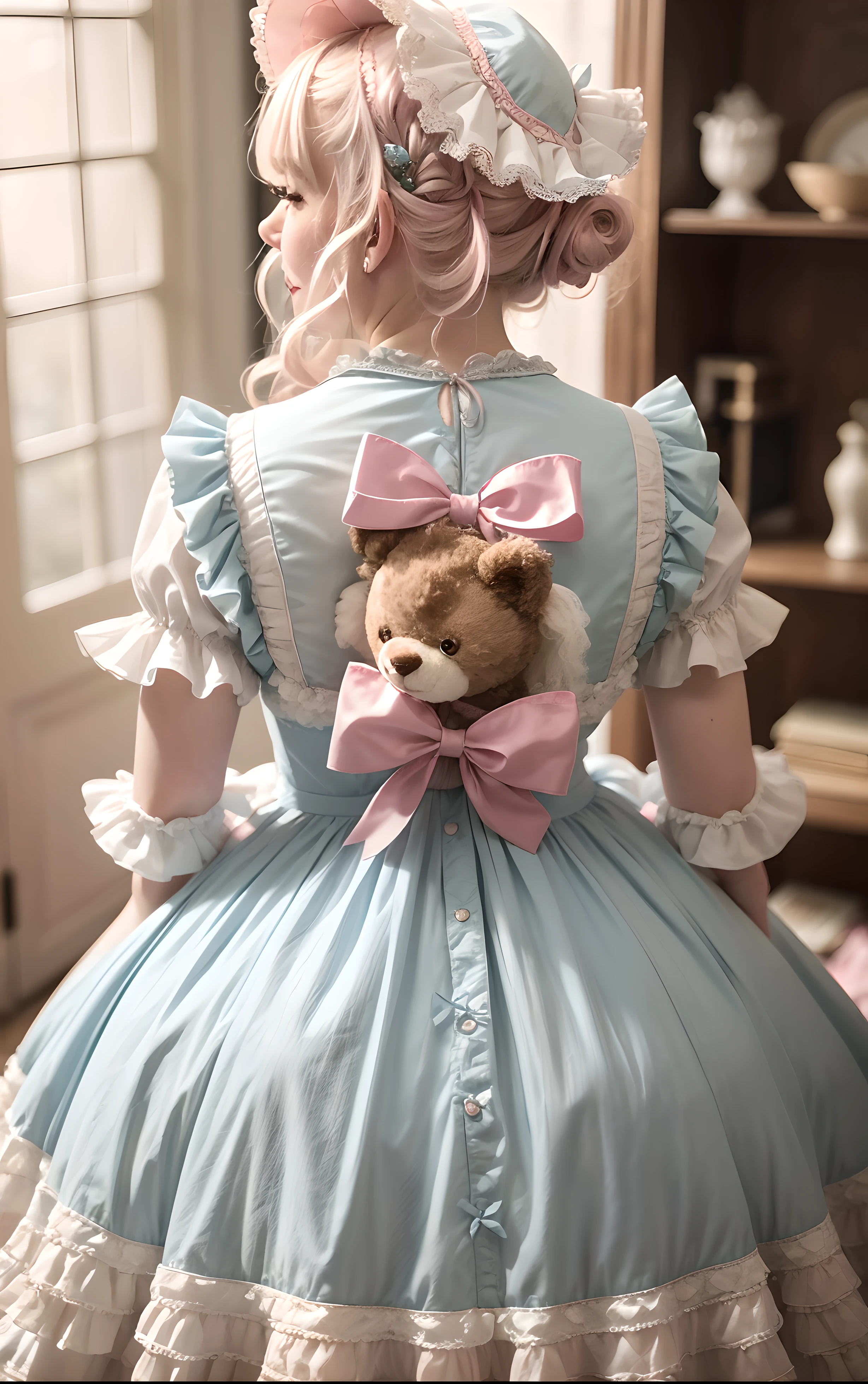 1girl, photo, masterpiece, sweetlolita at bedroomgothic gothic interior, white curly hair, lightblue gown fabric, heart shape on cheek, blush pink makeup, gloves, smile, pastel color, ornate, broderry, holding stuffed teddy bear, bokeh, from behind, back-angle,