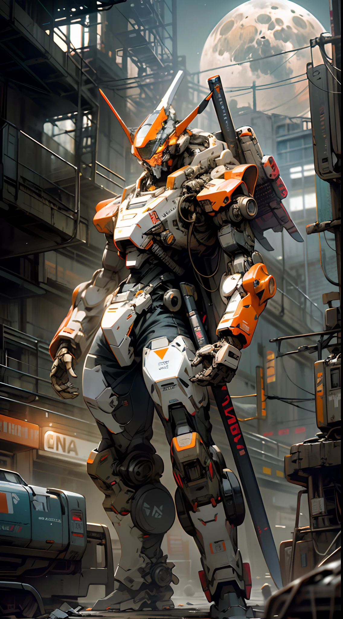On the moon, barren planet, ruins, holding weapons, no humans, glowing, robot, building, glowing eyes, orange mech, science fiction, city, reality, mecha, galaxy background, full body, neon, cyber Punk, 8K wallpapers, ultra-detailed artwork, cinematic lighting, realistic photos, Dark_Fantasy, Cyberpunk, (chain saw, chain saw man, Red: 1.1), 1man, Mechanical marvel, Robotic presence, Cybernetic guardian, wearing a worn-out machine armor suit, intricate, (steel metal [rust]), elegant, sharp focus, photographed by greg rutkowski, soft lighting, vibrant colors, masterpiece, ((street)), cowboy shot, dynamic pose,