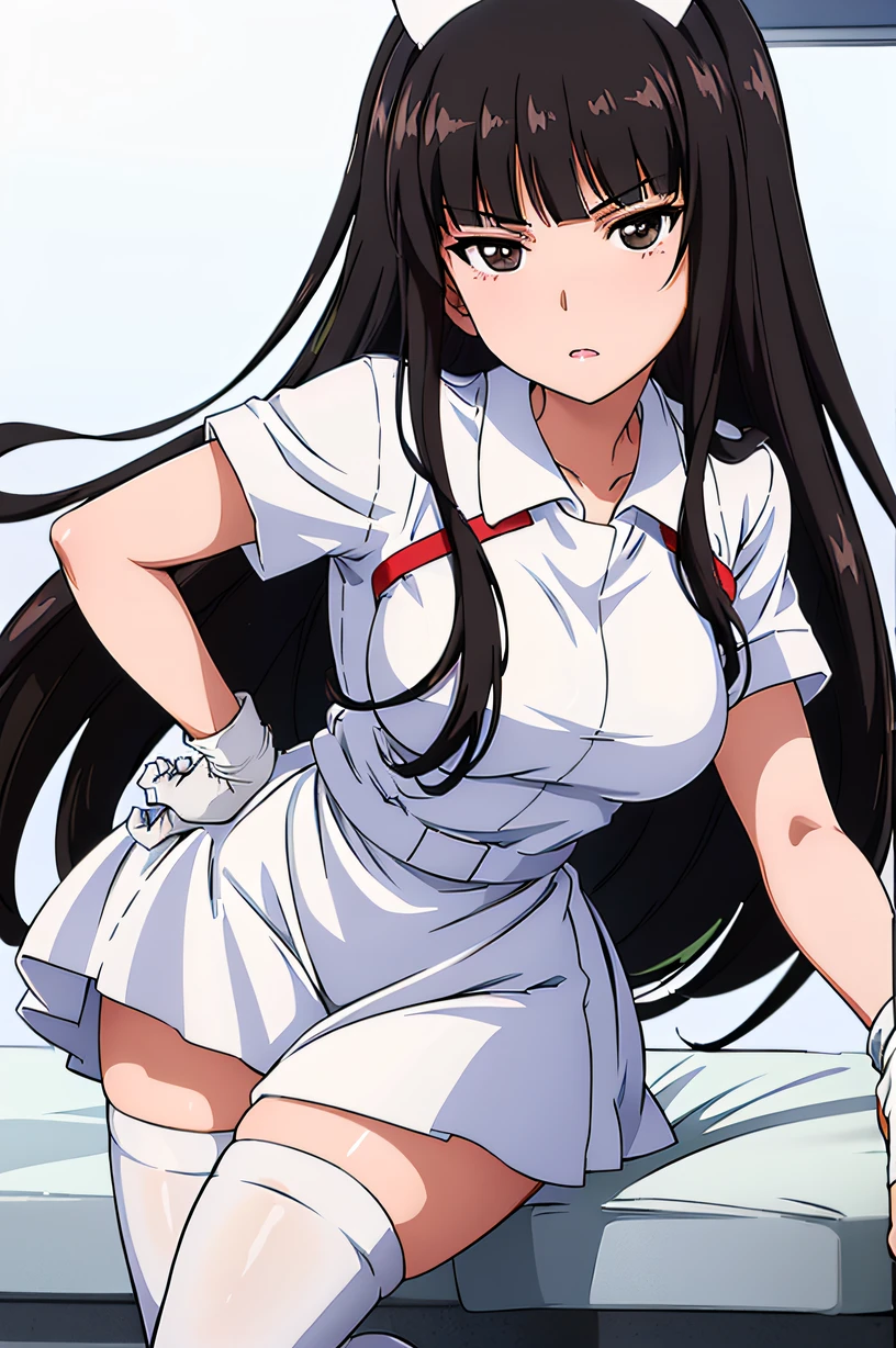 nishizumi shiho, alternate costume, long hair, black hair, blunt bangs, solo, nurse, ((white nurse cap, white nurse's outfit)), ((white legwear, zettai ryouiki)), white gloves, ((white surgical mask, covered nose)), standing, hospital room, sharp outline, short sleeves, best quality, masterpiece