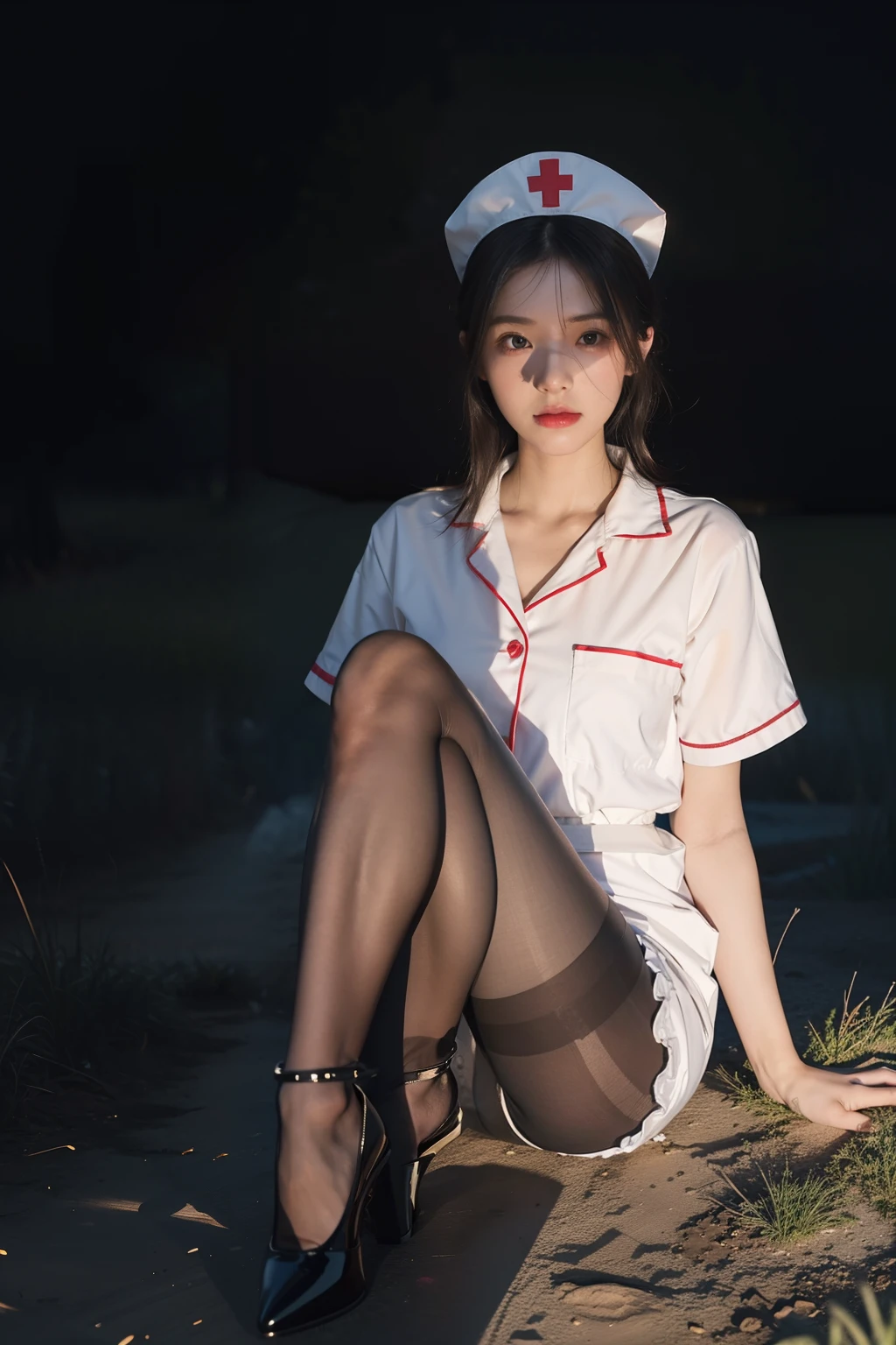 (full bodyesbian:1.5),(1girll:1.3),(view the viewer:1.4),(anatomy correct:1.4),(Sit on top of the hill:1.2),(Wear a nurse suit:1.2),(Black transparent pantyhose:1.3),( Girls pointed-toe thick heels :1.1),(Accurate and perfect face:1.3),(Long legs:1.3),hyper HD, Ray traching, reflective light, structurally correct, Award-Awarded, High detail, Fade shadow contrast, Face lighting ,Cinematic lighting, Masterpiece, super detailing, High quality, High detail, Best quality, 16k,High contrast,