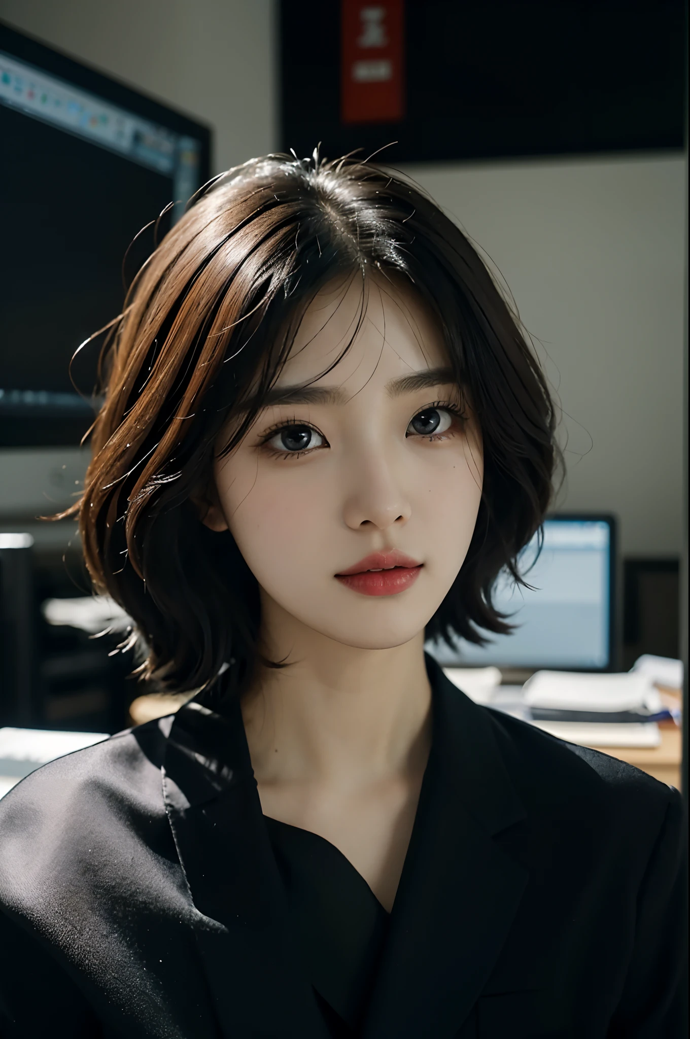 High-res, Realistic portrait of professional korean office lady with perfect skin，Professional suits，Women's suits，stand posture，The upper part of the body，Women in the workplace，Show confidence and maturity, Surrounded by a modern corporate environment, Vibrant and naturally lit highlights. The artwork should emphasize her elegant facial features, Including charming long eyes, Fluttering eyelashes and seductive lips. The scene should be enhanced with elements of professionalism and visual appeal，For example, Stylish work desk, Mainframe computers, High-resolution display, and complex stationery. The overall tone should be warm and professional, Has a soft and natural color palette. The artwork should exude a sense of professionalism, Success, and cultural pride，The background is blurred out