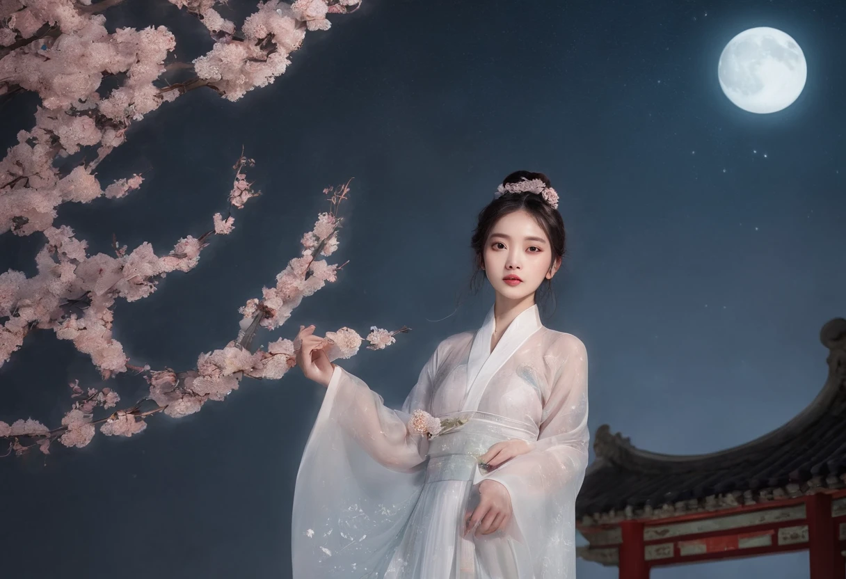 tmasterpiece,超高分辨率,Photorealistic photos,the night,Full body portrait of a Chinese fairy,Delicate face,Delicate hair accessories,Barefoot,Float in the air,Look up at the perspective,Huge palace,The Milky Way and the Giant Moon,Gauze skirt Hanfu,an osmanthus tree,Osmanthus flutters,