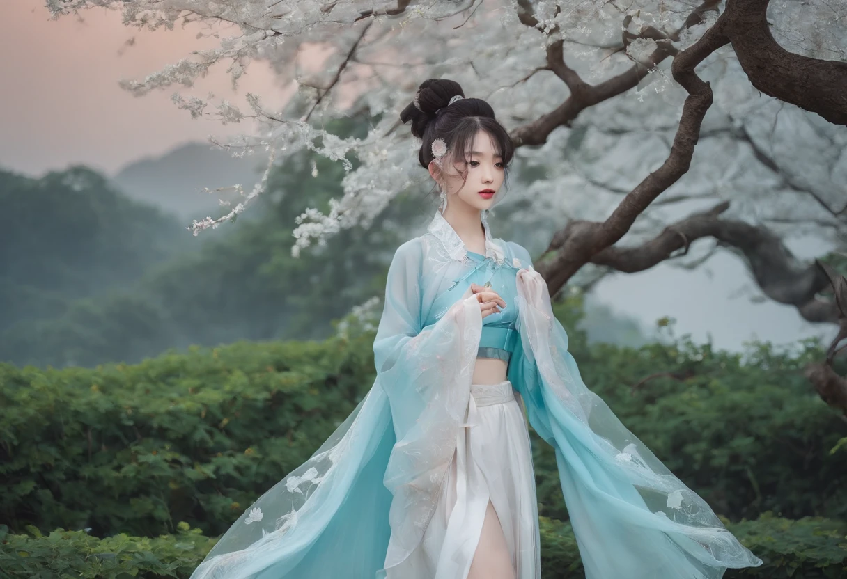 tmasterpiece,超高分辨率,Photorealistic photos,the night,Full body portrait of a Chinese fairy,Delicate face,Delicate hair accessories,Barefoot,Float in the air,Look up at the perspective,Huge palace,The Milky Way and the Giant Moon,Gauze skirt Hanfu,an osmanthus tree,Osmanthus flutters,