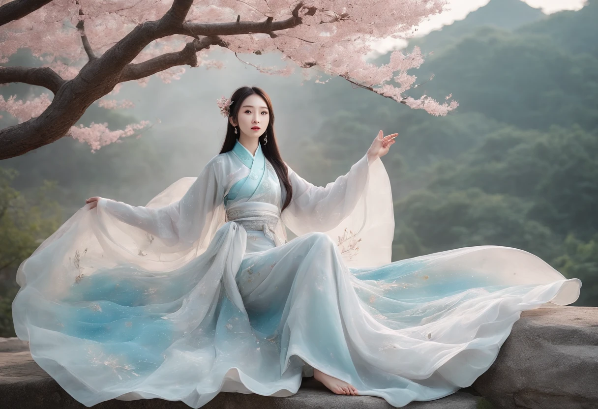 tmasterpiece，超高分辨率，Photorealistic photos，the night，Full body portrait of a Chinese fairy，Delicate face，Delicate hair accessories，Barefoot，Float in the air，Look up at the perspective，Huge palace，The Milky Way and the Giant Moon，Gauze skirt Hanfu，an osmanthus tree，Osmanthus flutters，