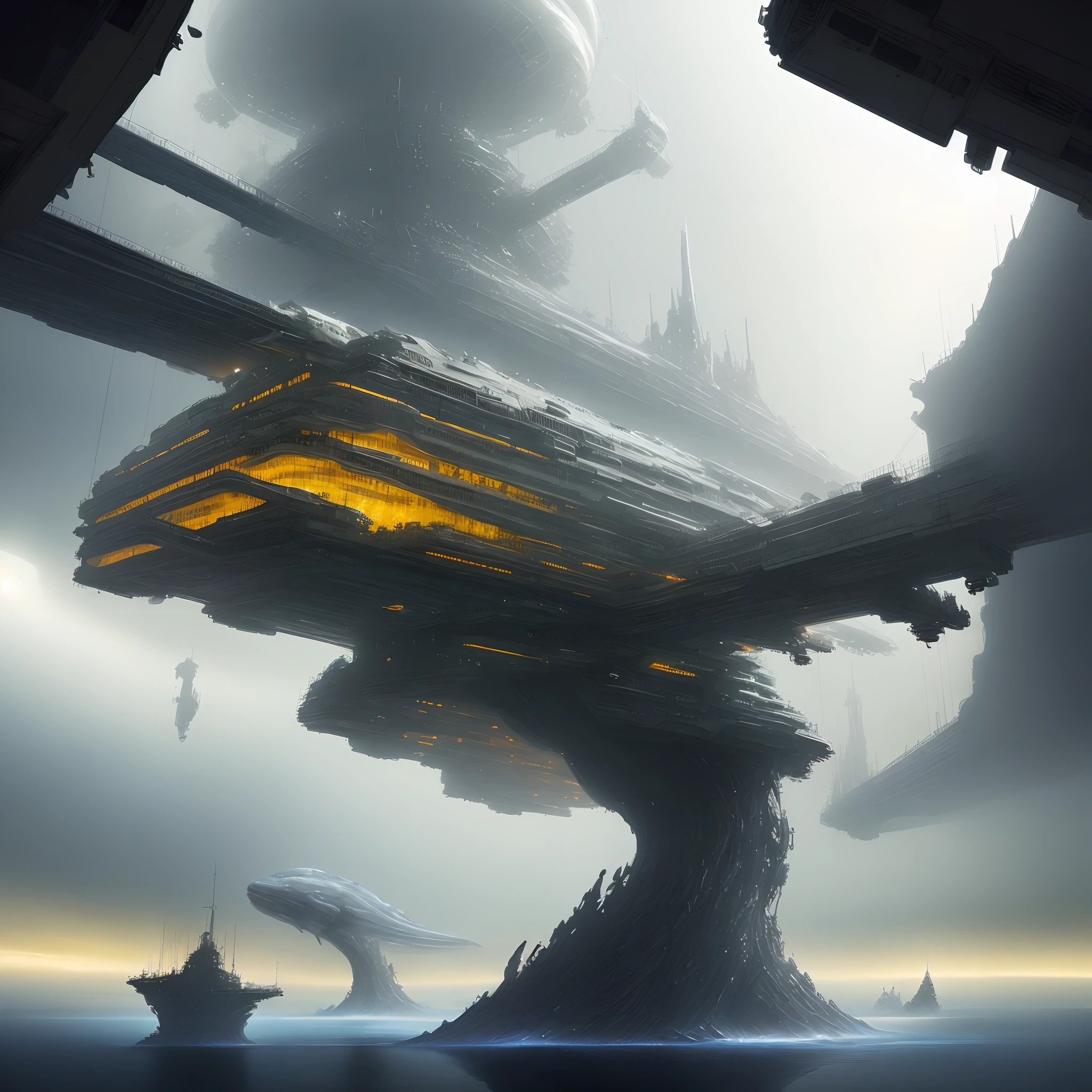 scifi translucent whale megastructure colony by John Berkey, realistic engine, mightily diffused, details and more details, real, very real photography, defying gravity landscape, mechanical horror, many high details, magical creatures, whimsical machines, monsterific gigantomachia, gigantic machines, epic scene hazard