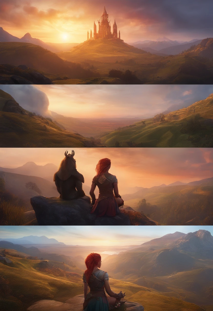Masterpiece, Best quality, Sunset, sky, hilltop, steams, gaming console_CG, Science_fiction, Monster, Orc symbaroum, Double_Bun, Shiny hair, multicolored hair, Pupil of the slit ,
