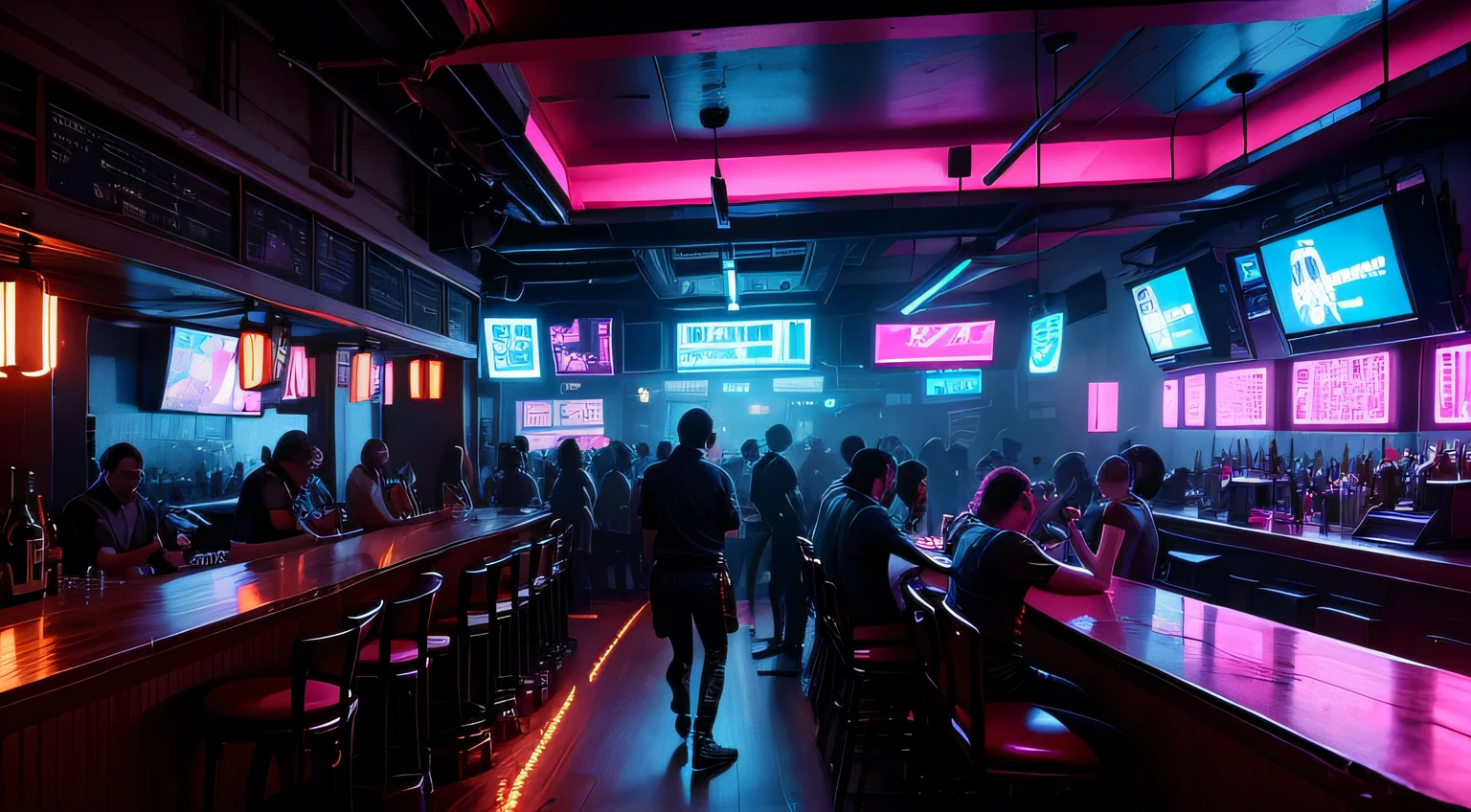 inside a bar in the cyberpunk city, punk music, lots of people dancing, view from the top