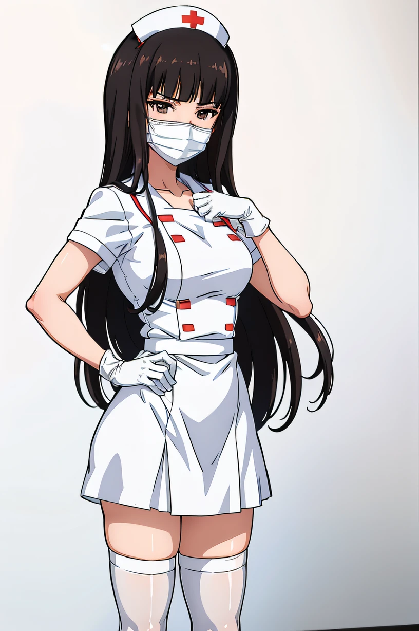 nishizumi shiho, alternate costume, long hair, black hair, blunt bangs, solo, nurse, ((white nurse cap, white nurse's outfit)), ((white legwear, zettai ryouiki)), white gloves, ((white surgical mask, covered nose)), standing, hospital room, sharp outline, short sleeves, best quality, masterpiece