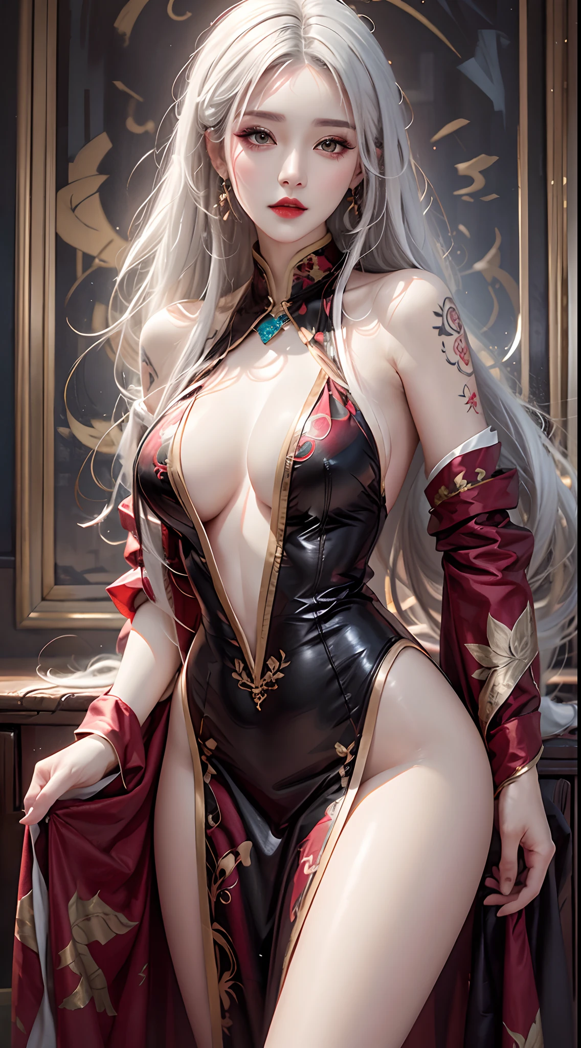 photorealistic, high resolution, 1women, mature female, solo, hips up, jewelry, tattoo, white hair, long hair, make up, red lips, hanfu