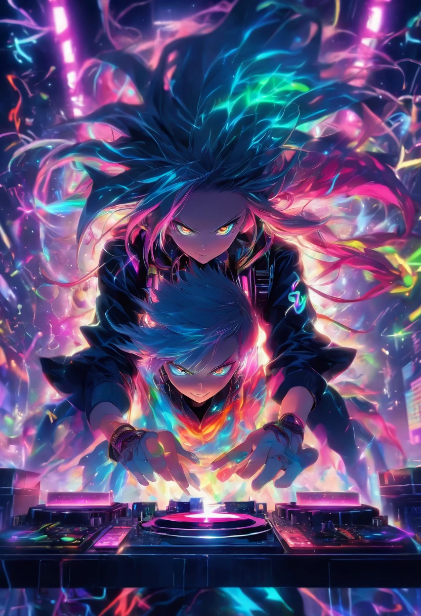 (​masterpiece、top-quality、8K )、Bird View、Overhead view camera work、Anime slender sitting at inorganic table on laptop with colorful hair and headphones, creature,Lightning, Neon rays, Beauty, Futuristic modern, Rock star, lock, urgent, Perfect, epicd, Bright colors, Volume Lighting, Best Shadows, Shallow depth of field, (of the highest quality, Amazing details: 1,25), Brilliant Colorful Paintings, Fancy, Magic, flicker, Glare, Neon Garland,intricate detailes,ultra-detailliert、one girls、Grinning 、(Live Stage:1.3),(turntable、Mixing Machine、Sampling Machine、Rhythm Box、mixer,synthesizer、Monitors:1.2),Stage Live Background、Spotlight from behind、Hyper realistic,Perfect Anatomy