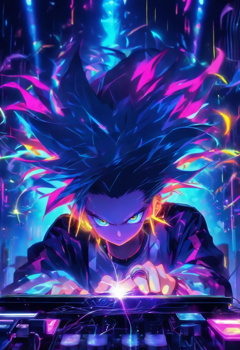 (​masterpiece、top-quality、8K )、Bird View、Overhead view camera work、Anime slender sitting at inorganic table on laptop with colorful hair and headphones, creature,Lightning, Neon rays, Beauty, Futuristic modern, Rock star, lock, urgent, Perfect, epicd, Bright colors, Volume Lighting, Best Shadows, Shallow depth of field, (of the highest quality, Amazing details: 1,25), Brilliant Colorful Paintings, Fancy, Magic, flicker, Glare, Neon Garland,intricate detailes,ultra-detailliert、one girls、Grinning 、(Live Stage:1.3),(turntable、Mixing Machine、Sampling Machine、Rhythm Box、mixer,synthesizer、Monitors:1.2),Stage Live Background、Spotlight from behind、Hyper realistic,Perfect Anatomy