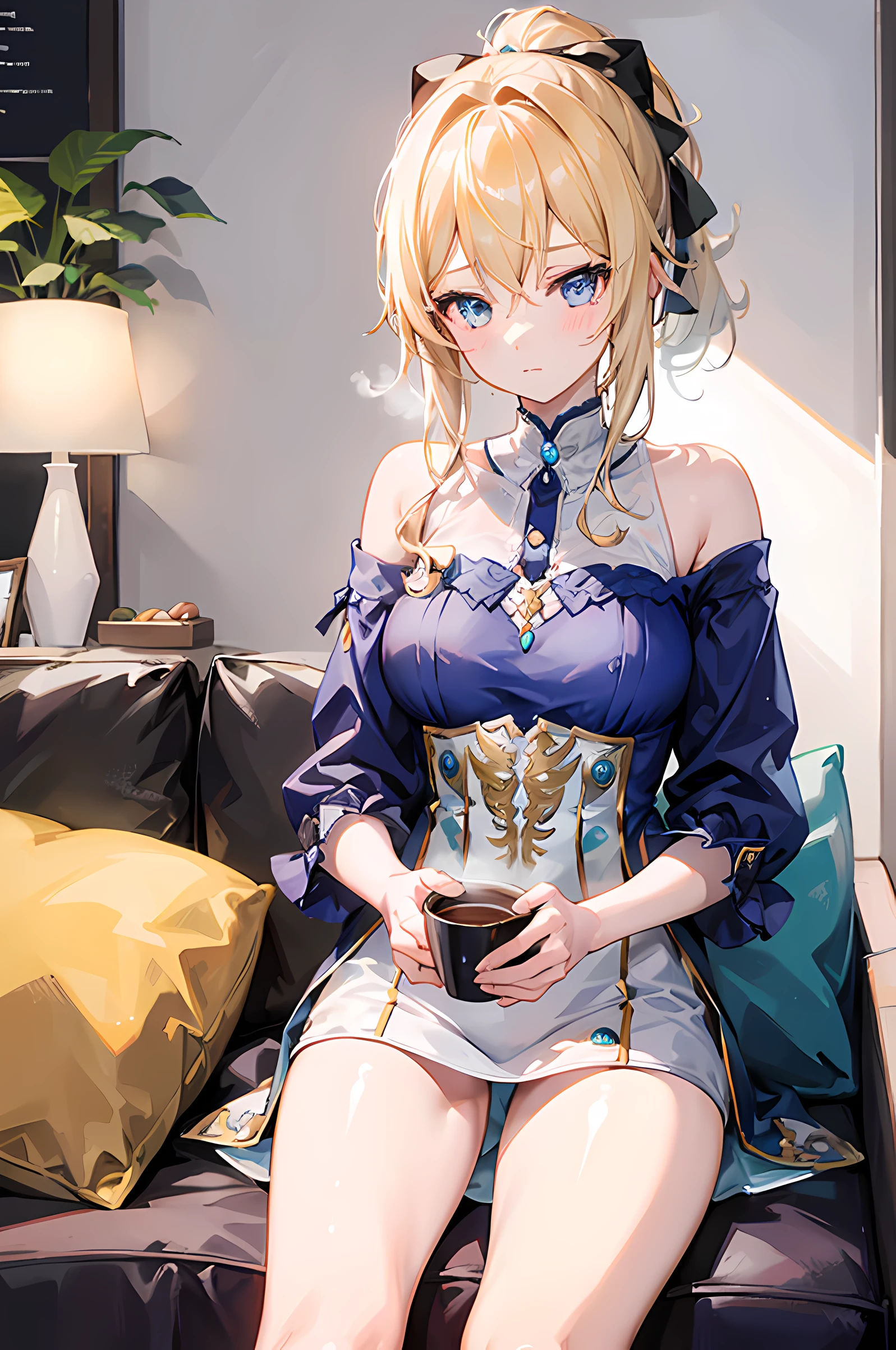 1 girl, cute, sitting on sofa, indoor, simple background, holding cup of coffee, looking at viewer, casual dress, 8k, ray tracing, masterpiece, blushed, full body, cute face