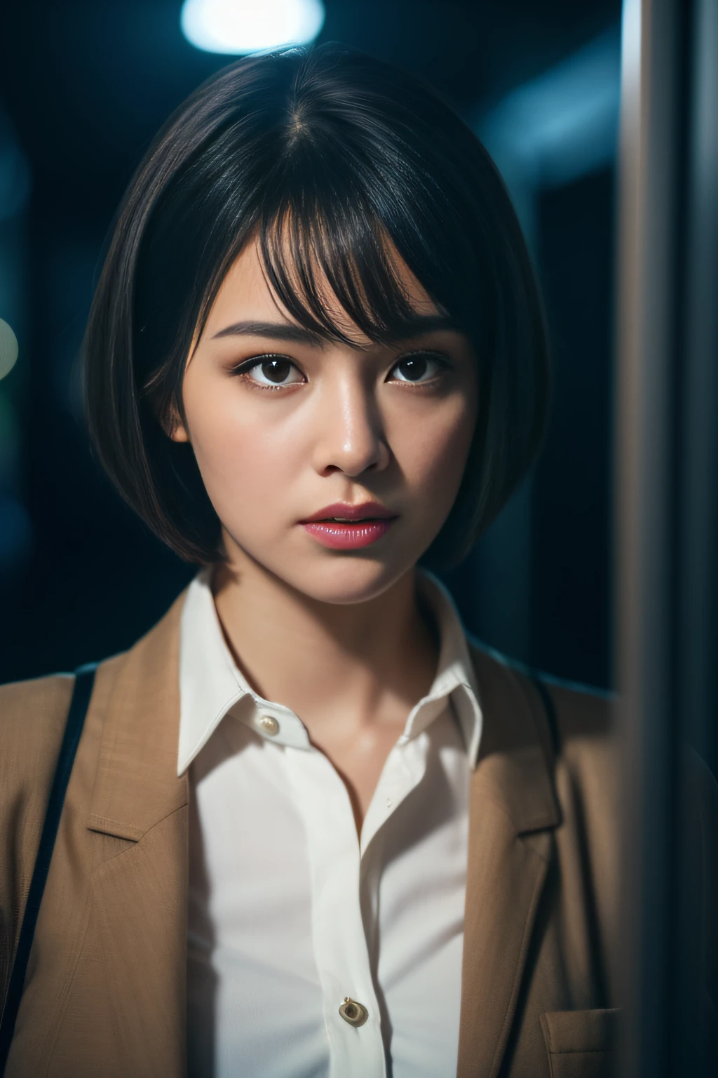 (8k, RAW photos, top quality, masterpieces: 1.2), (realistic, photorealistic: 1.37), 1 girl, (beautiful young woman), career woman, short hair, dark gray hair, black eyes, rugged face, white shirt, jacket, (female version of Dirty Harry), holding a handgun, Japan police drama, female close-up, wet, professional lighting, Photon mapping, radiosity, physically based rendering, tense scenes, streets, cinematic photography,