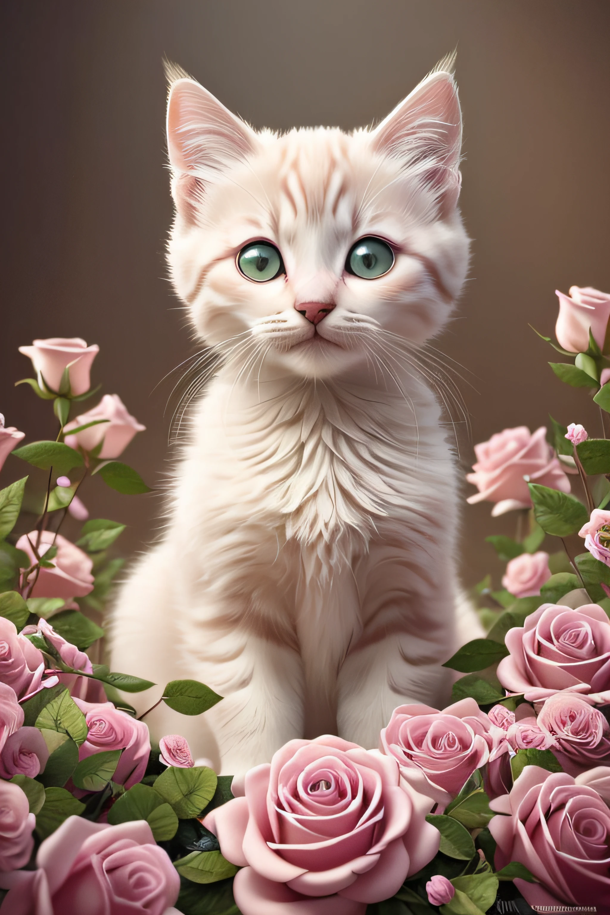 In this ultra-detailed CG art, the adorable kitten is surrounded by ethereal roses, creating a dreamy and enchanting scene. The exquisite craftsmanship and attention to detail make this artwork a masterpiece. The kitten, with its innocent and playful expression, captivates viewers with its irresistible cuteness. Its fur is meticulously rendered, showing every strand and texture. The intricate details of the kitten's eyes, nose, and lips bring out its lifelike features, making it feel as if it could come to life at any moment. The surrounding ethereal roses create a magical atmosphere, with their soft, pastel colors and delicate petals. They seem to float in the air, adding an otherworldly touch to the scene. Each rose is meticulously crafted, showcasing the delicate beauty of nature. The overall image quality is of the highest standard, with a resolution of 4K or 8K, allowing the viewer to appreciate every detail. The use of vibrant and vivid colors enhances the visual impact of the artwork, bringing the flowers and the kitten to life. The lighting in the scene is carefully designed to create a soft and ethereal glow, illuminating the subject in a captivating way. This CG art combines fantasy and realism, creating a world where adorable animals and ethereal flowers coexist. It showcases the artist's talent in creating intricate and visually stunning artworks. The style of the artwork can be described as a blend of photorealism and fantasy, creating a unique and captivating visual experience. Overall, this ultra-detailed CG art evokes a sense of wonder and enchantment, drawing viewers into a world of beauty and cuteness. It showcases the artist's skill in creating intricate and visually stunning artworks, offering a delightful and immersive visual experience.