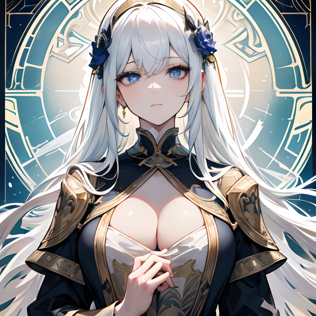(masuter piece,Best Quality,Ultra-detailed), (A detailed face),nobles, European woman face portrait, hight resolution, 1girl in, (front-facing view), (masuter piece,Best Quality,Ultra-detailed),(absurderes),In front of the stained glass window,Black dress with long white hair,1girl in, white hair, Halo, Girl with white hair,White nun dress,cathedral,sanctuary, ,Dagger decoration, The upper part of the body, flat-chest, (Beautiful Detail Eye: 1.1), (Detailed hand), (Detail light: 1.1), Film Light, Pale skin type, (looking at the viewers), (magazine:1.3), (cover-style:1.3), Textured skin, Super Detail, Tarot Boundary, border, Alfonse Mucha, Dynamic streaks, locus:1.2, golden colored, Beautiful and bright color scheme, portraitures, Look at viewers, 独奏, (full body Esbian:0.6), A detailed face, (Ancient Mesopotamian theme), Sumerian, Mesopotamian mythology, Uruk, ziggurat, Demigod,Floral hair ornament, (A thriving civilization), Ancient palaces, stele, particles floating, Fibonacci