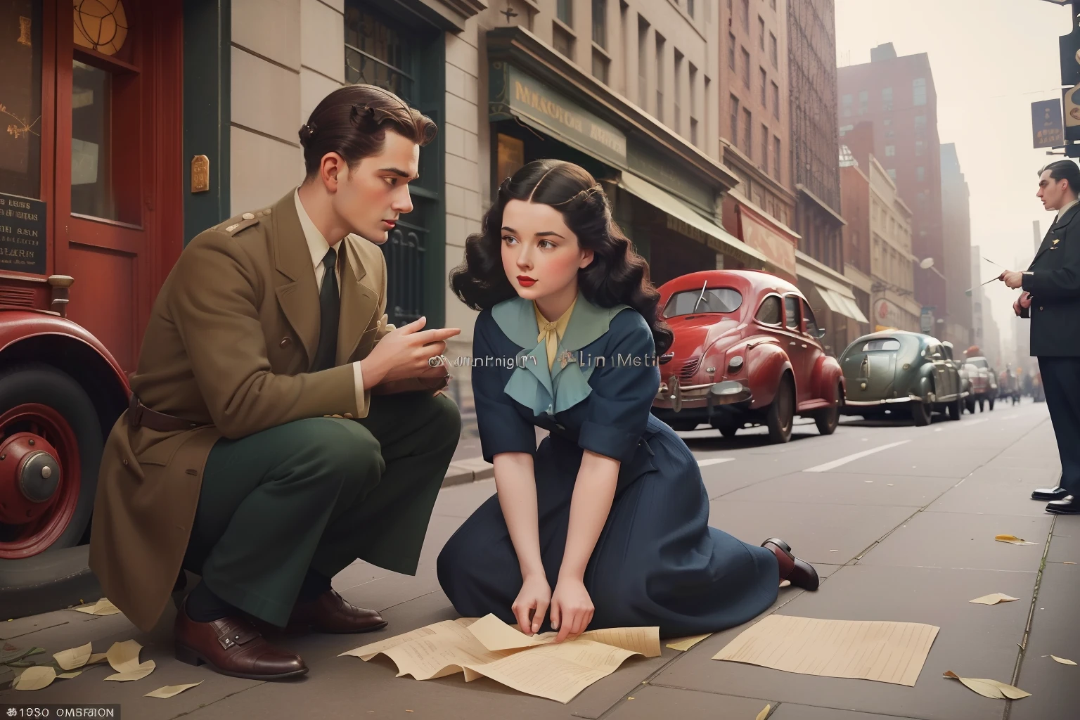 Year: 1946. Location: New York. scene with a young woman with black hair and working clothes kneeling in the street to pick some fallen papers, a man helping her ((1940s clothes)) ((1940s hairstyle)) ((in the style of "OMITB")) ((cinematic style))