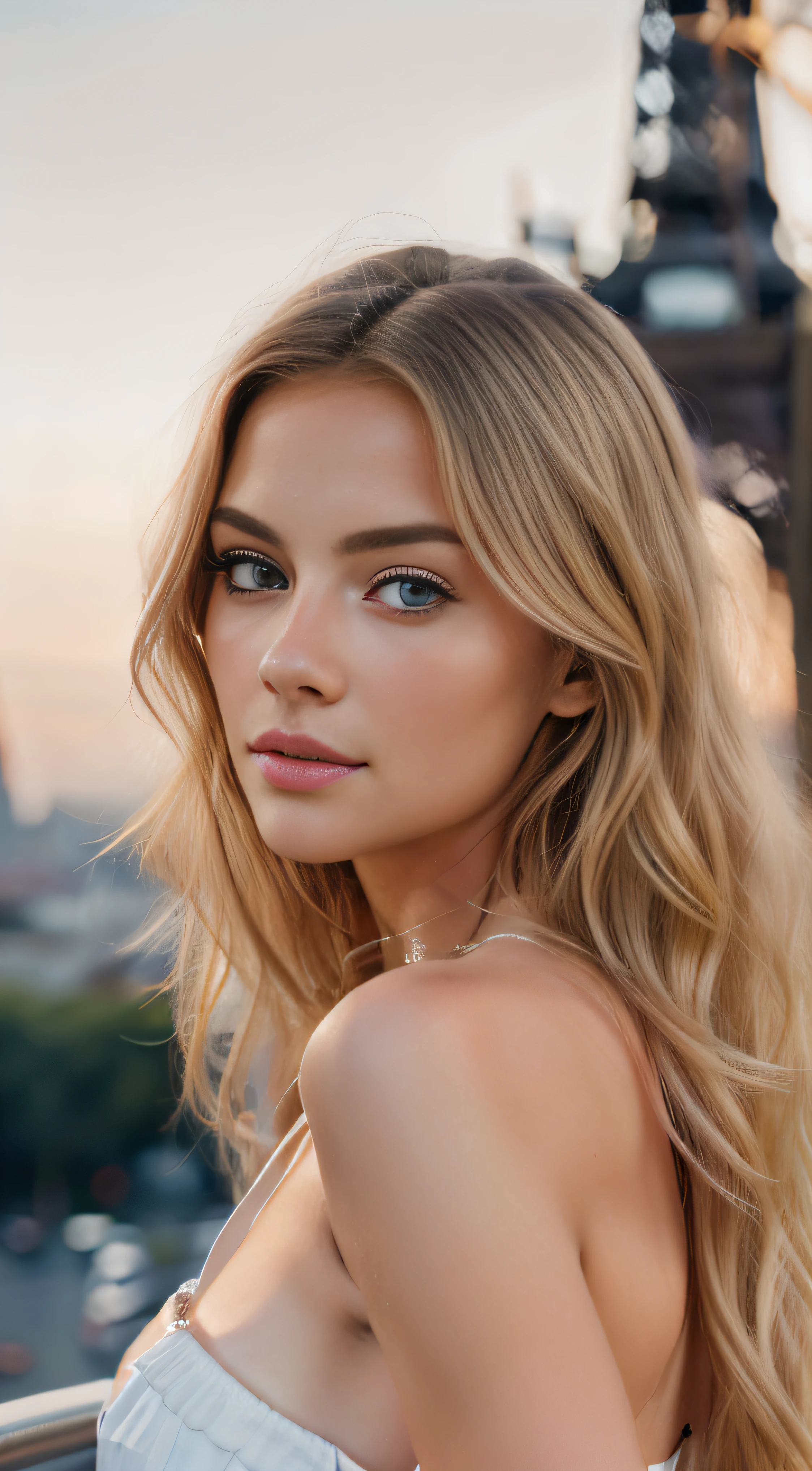 Photo of a 20-year-old European girl, raw, Beautiful woman, blue eyes, ultrarealistic, (Extra long wavy blonde hair), ((Detailed face:1.2)), ((detailed facial features)), (finely detailed skin), pale skin, Eiffe Tower background, holidays mood, moist, Reflectors, (masutepiece) (perfectly proportions)(photos realistic)(Best Quality) (Detailed) photographed in a Canon EOS R5, 50mm Lens, F/2.8, nffsw, (8K) (Wallpaper) (Cinematic lighting) (Dramatic Lighting) (foco nítido) (Convoluted) Fashion