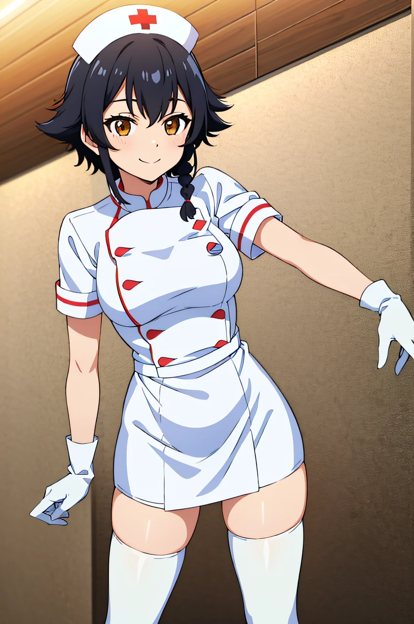 Pepperoni, Black Hair, short hair, Side braids, Brown eyes, Solitary, Nurse, ((white Nurse cap, white Nurse's outfit)), ((white pantyhose, Absolutely great opportunity)), White gloves, Smile, permanent, Ward, Clear outline, Short sleeve, best quality, masterpiece