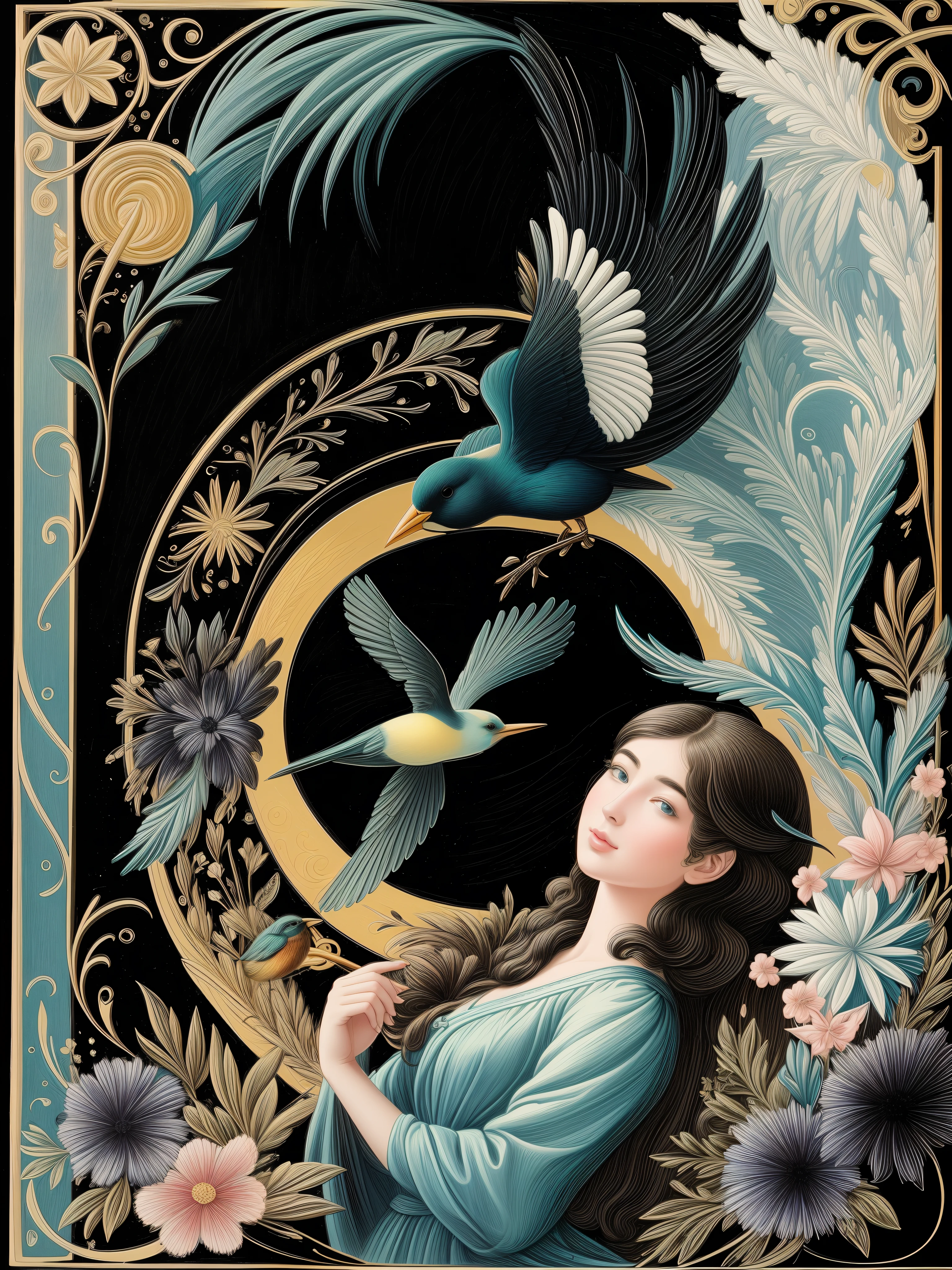 there is a drawing of a woman and a bird on a black background, imaginative, metaphysical, whimsical, anaglyph style.