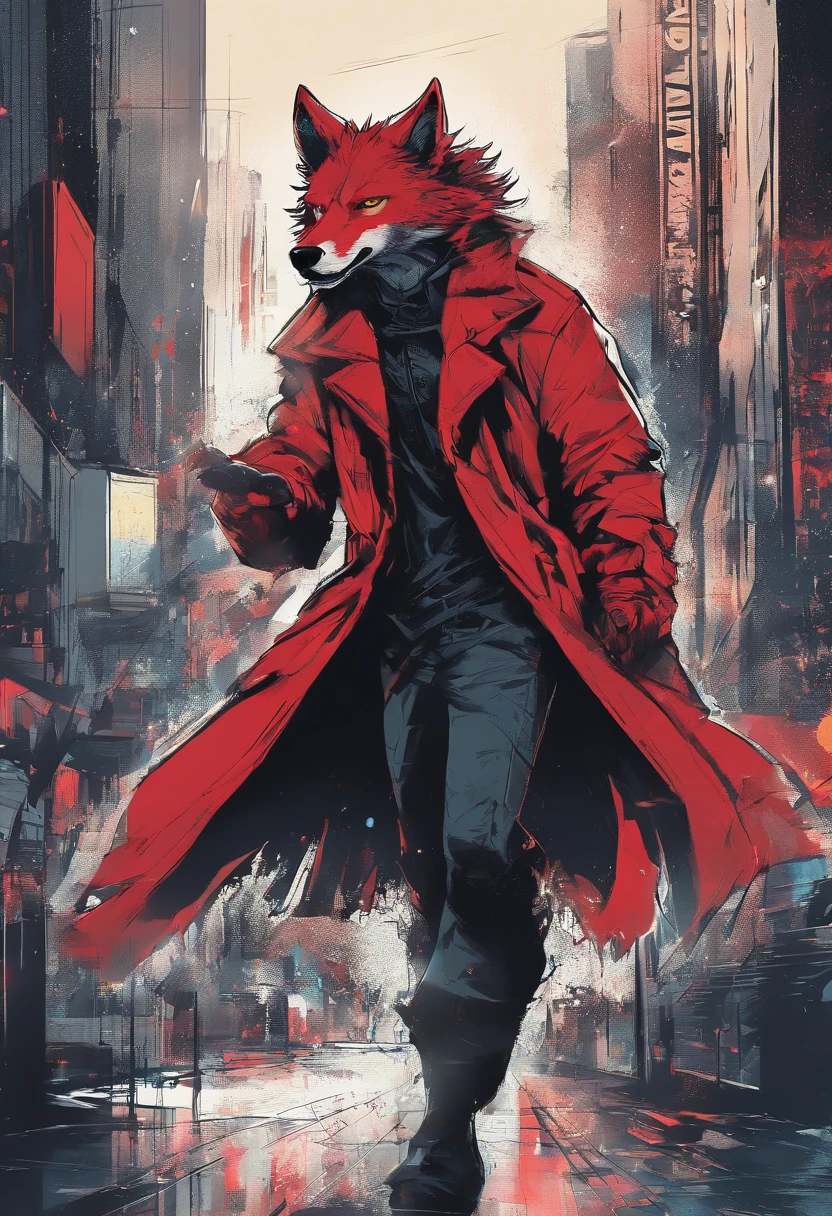 (Better detailing, High quality), furry wolf, walking through the city, (Night, Bright lights, urban surroundings), (dynamic framing, Fierce expression, Messy hair), (Bright red eyes, Meticulous coat), (Colorful sights, Wet streets), (Focus on the wolf's head), (The bright focus is on the eyes).