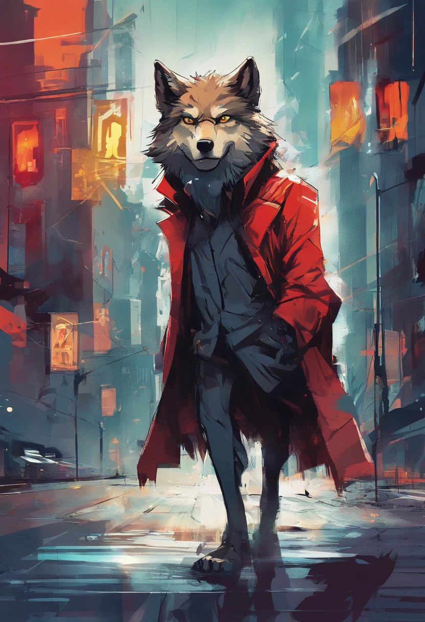(Better detailing, High quality), furry wolf, walking through the city, (Night, Bright lights, urban surroundings), (dynamic framing, Fierce expression, Messy hair), (Bright red eyes, Meticulous coat), (Colorful sights, Wet streets), (Focus on the wolf's head), (The bright focus is on the eyes).