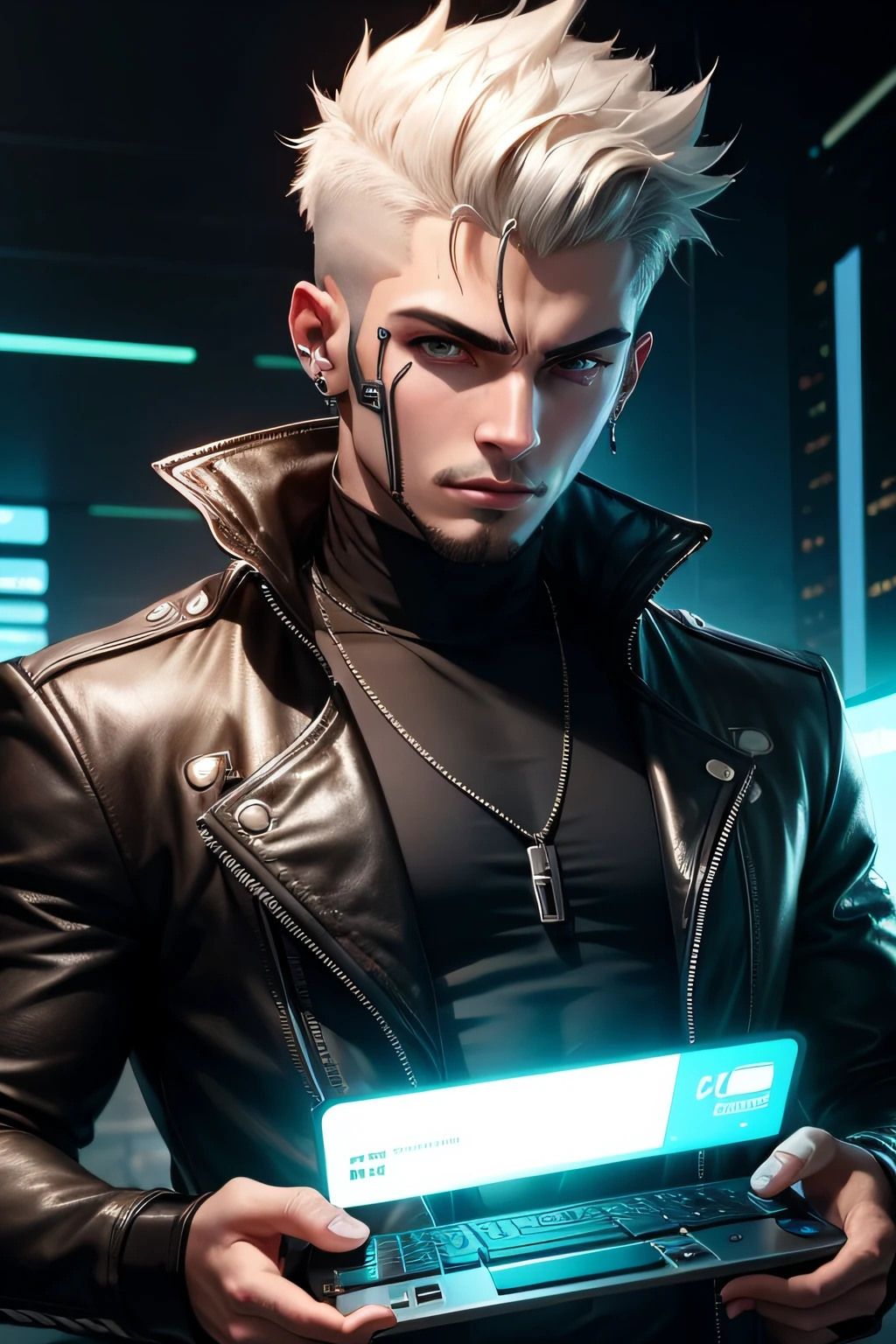 personagem masculino, cyber punk, tech, segurando um smartphone, gamer