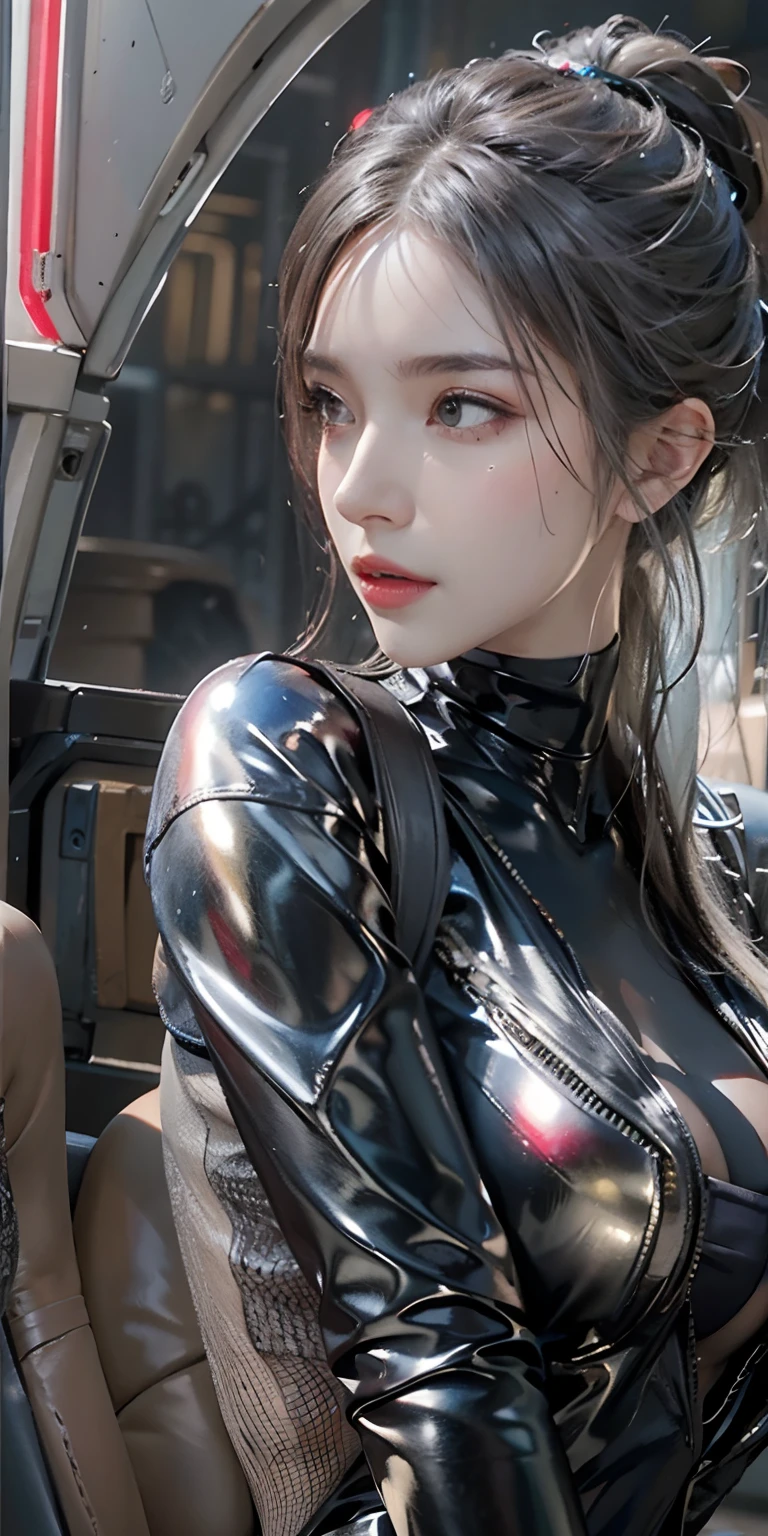 Photorealistic, High resolution, Soft light,1womanl, Solo, hips up high, (Detailed face), Silver hair, Black leather costume, cyberpunk glossy latex suit, The tattoo, Jewelry