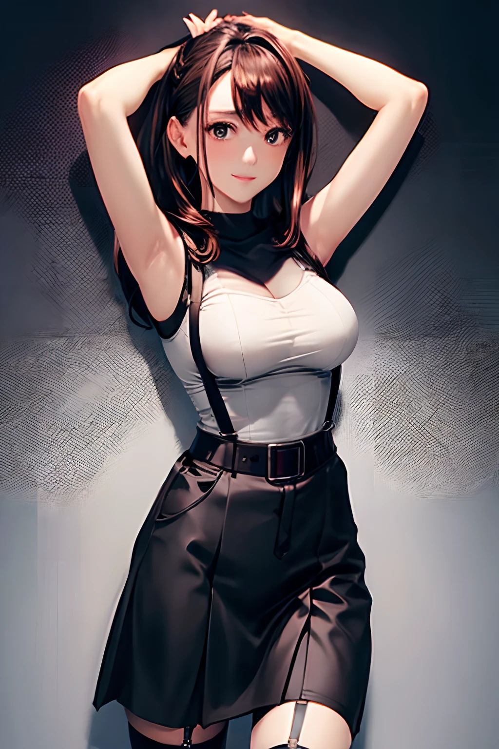 Black skirt, suspenders, Brown hair Gray eyes, Garter belt on the legs, Tight black clothes, a belt Armpit sweat Dark look Moderately breasts holster chain poneyTail Water wetting