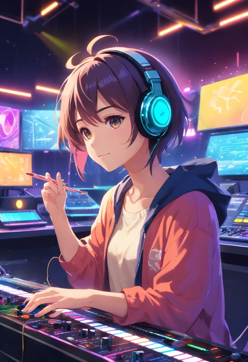 (masterpiece、top-quality、8K )、Bird View、Overhead view camera work、Anime slender sitting at inorganic table on laptop with colorful hair and headphones, creature,Lightning, Neon rays, Beauty, Futuristic modern, Rock star, lock, urgent, Perfect, epicd, Bright colors, Volume Lighting, Best Shadows, Shallow depth of field, (of the highest quality, Amazing details: 1,25), Brilliant Colorful Paintings, Fancy, Magic, flicker, Glare, Neon Garland,intricate detailes,ultra-detailliert、one girls、Grinning 、(Live Stage:1.3),(turntable、Mixing Machine、Sampling Machine、Rhythm Box、mixer,synthesizer、Monitors:1.2),Stage Live Background、Spotlight from behind、Hyper realistic,Perfect Anatomy