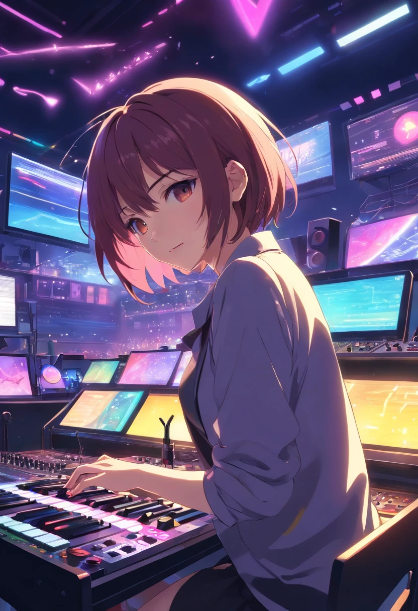(​masterpiece、top-quality、8K )、Bird View、Overhead view camera work、Anime slender sitting at inorganic table on laptop with colorful hair and headphones, creature,Lightning, Neon rays, Beauty, Futuristic modern, Rock star, lock, urgent, Perfect, epicd, Bright colors, Volume Lighting, Best Shadows, Shallow depth of field, (of the highest quality, Amazing details: 1,25), Brilliant Colorful Paintings, Fancy, Magic, flicker, Glare, Neon Garland,intricate detailes,ultra-detailliert、one girls、Grinning 、(Live Stage:1.3),(turntable、Mixing Machine、Sampling Machine、Rhythm Box、mixer,synthesizer、Monitors:1.2),Stage Live Background、Spotlight from behind、Hyper realistic,Perfect Anatomy