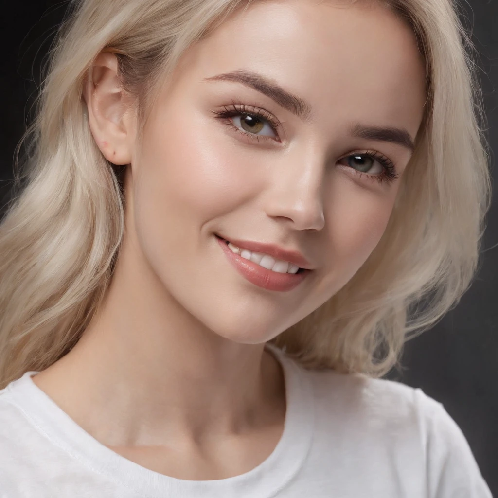 (photo: 1.3) af (realism: 1.4), (((white T-shirt))), (blond lady), super high resolution, (realism: 1.4), 1 girl, female avatar, soft light, Black hair, smile, facial focus, cheerful, young, confident, ((gray background)), (((monochrome background))), high definition, details, slightly looking up, perfect picture, movie quality, ultra high definition, Female avatar, beautiful girl, young and beautiful, exquisite face, elegant and luxurious