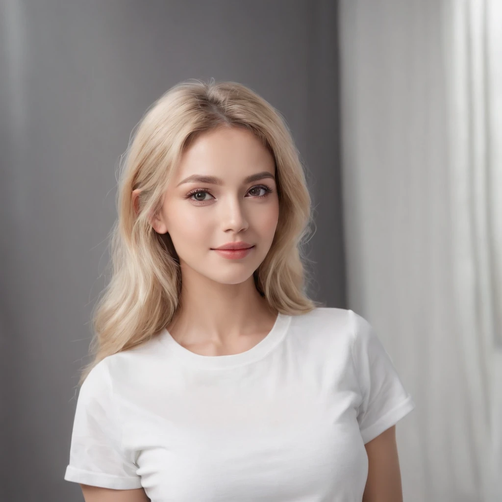 (photo: 1.3) af (realism: 1.4), (((white T-shirt))), (blond lady), super high resolution, (realism: 1.4), 1 girl, female avatar, soft light, Black hair, smile, facial focus, cheerful, young, confident, ((gray background)), (((monochrome background))), high definition, details, slightly looking up, perfect picture, movie quality, ultra high definition, Female avatar, beautiful girl, young and beautiful, exquisite face, elegant and luxurious